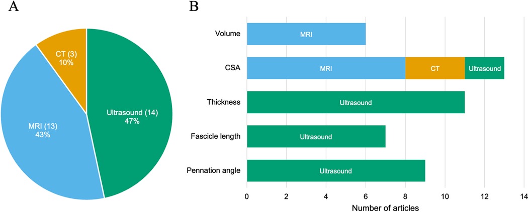 Pie chart and bar chart showing imaging techniques in research articles. The pie chart (A) shows 47% use ultrasound, 43% use MRI, and 10% use CT. The bar chart (B) highlights the number of articles using ultrasound, MRI, and CT across measures: volume, CSA, thickness, fascicle length, and pennation angle.