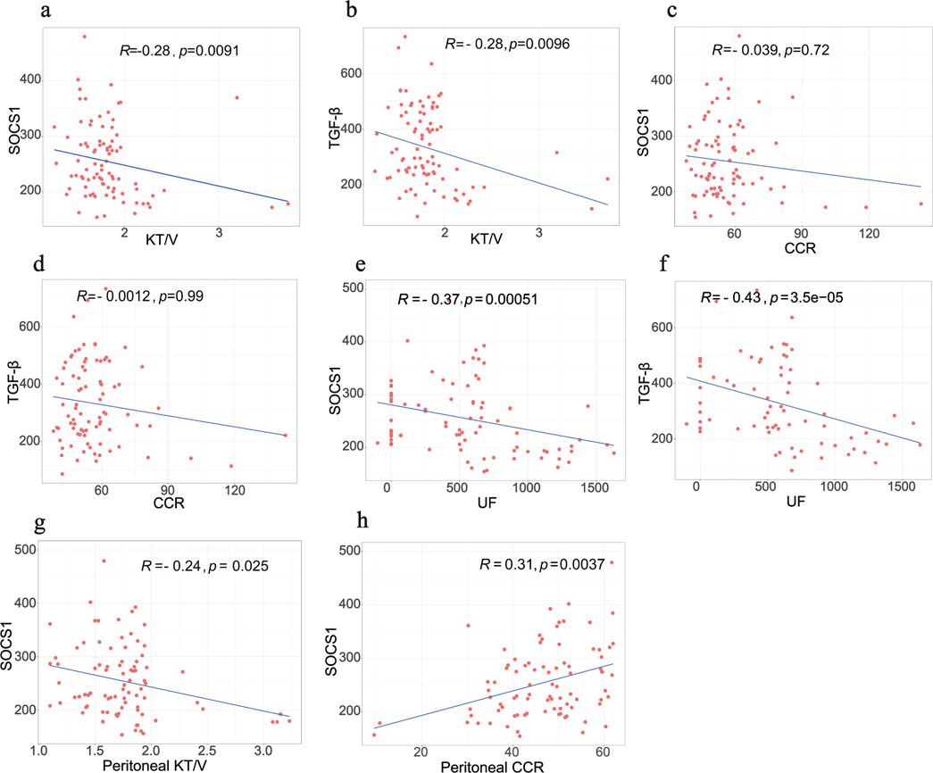 Scatter plots showing relationships between variables. (a) SOCS1 vs. KT/V with R=-0.28, p=0.0091. (b) TGFβ vs. KT/V with R=-0.28, p=0.0096. (c) SOCS1 vs. CCR with R=-0.039, p=0.72. (d) TGFβ vs. CCR with R=-0.0012, p=0.99. (e) SOCS1 vs. UF with R=-0.37, p=0.00051. (f) TGFβ vs. UF with R=-0.43, p=3.5e-05. (g) SOCS1 vs. Peritoneal KT/V with R=-0.24, p=0.025. (h) SOCS1 vs. Peritoneal CCR with R=0.31, p=0.0037. All plots show data points with trend lines.