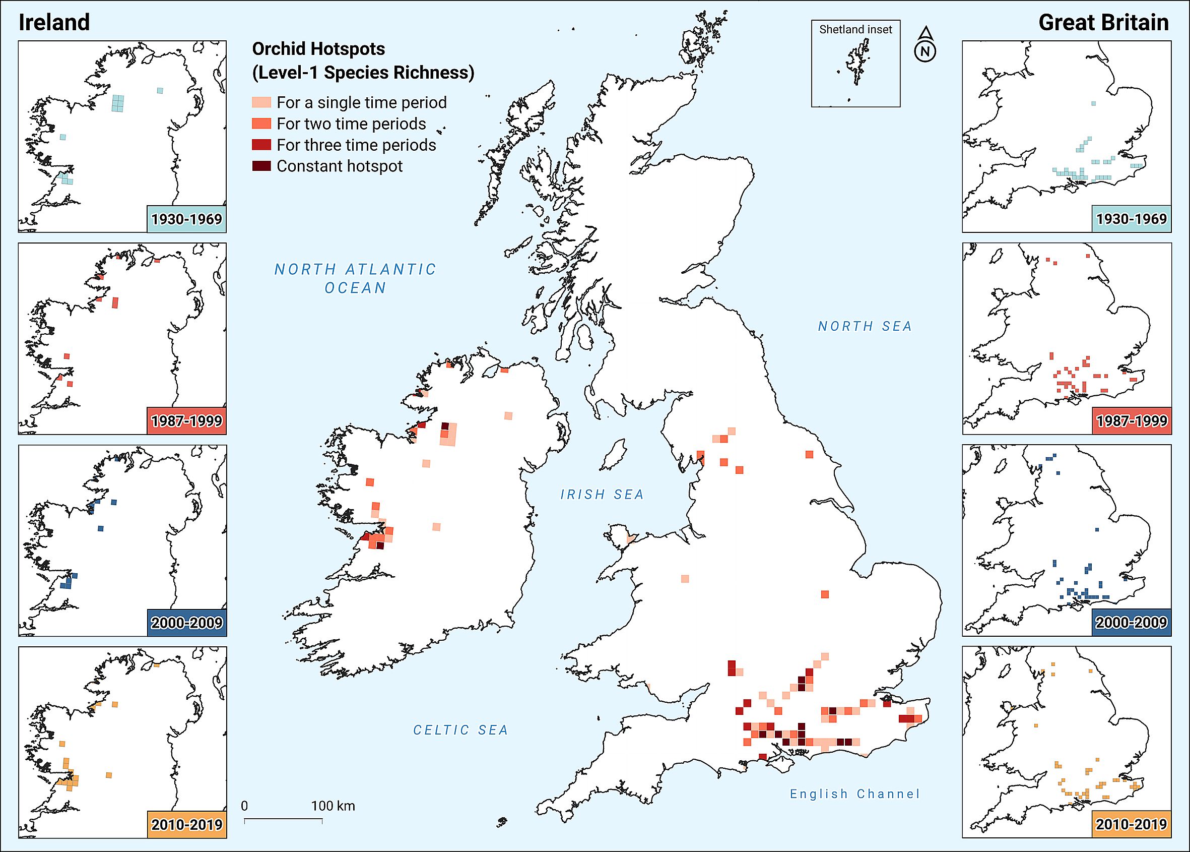 Map illustrating orchid hotspots in Ireland and Great Britain from 1930 to 2019. It uses color codes to show hotspot persistence over time: light orange for a single time period, orange for two, dark orange for three, and red for constant hotspots. Insets show specific periods: 1930-1969, 1987-1999, 2000-2009, and 2010- 2019, highlighting orchid species richness during these time periods.