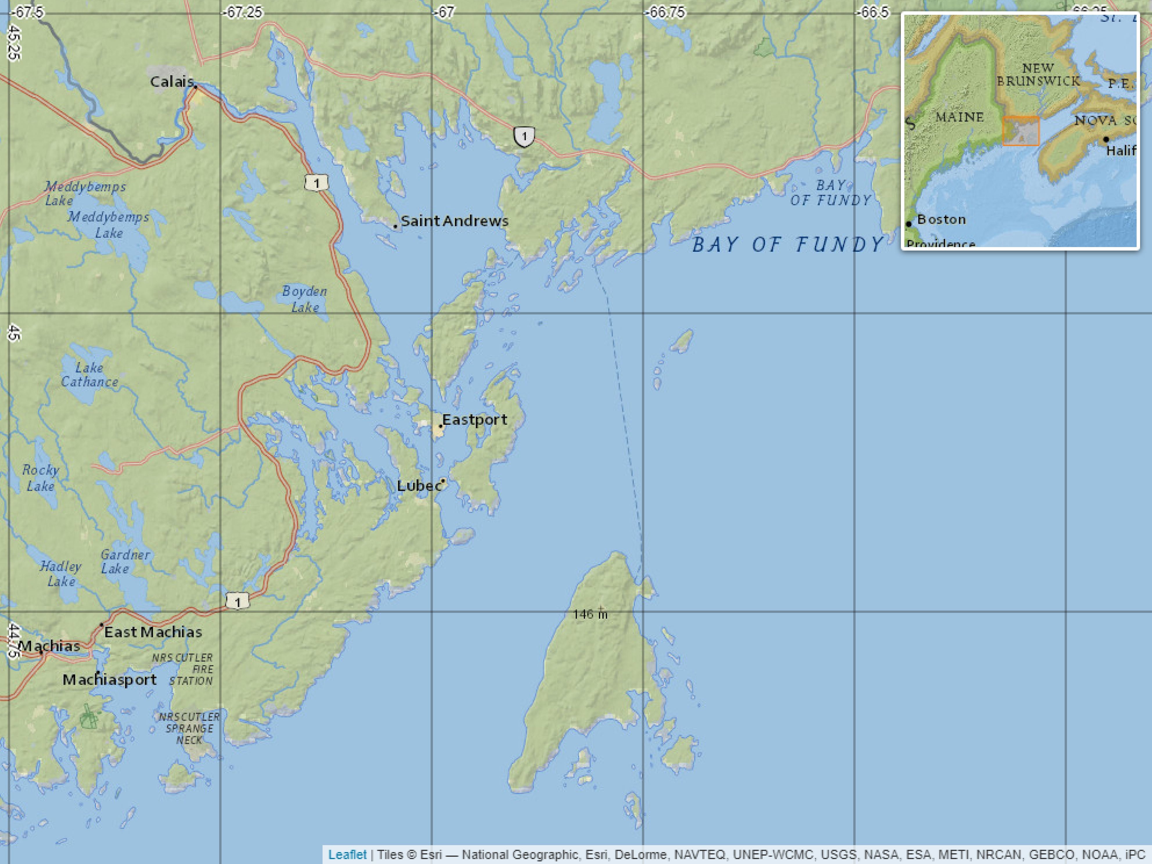 The map highlights Passamaquoddy Bay and the surrounding waters of the Bay of Fundy, located along the border between New Brunswick, Canada, and Maine, USA.