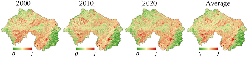 Four maps of the same region from the years 2000, 2010, 2020, and the average. Colors range from green to red, with a scale from zero (green) to one (red) indicating changes in data values over time.
