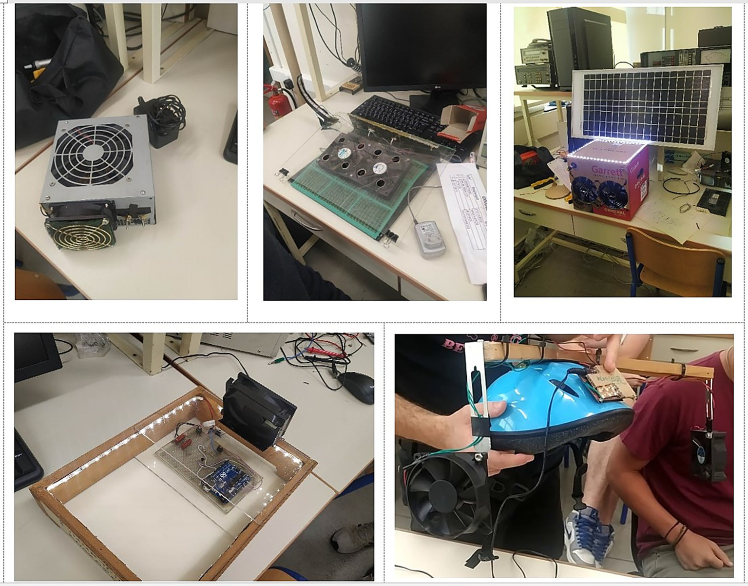 Five images depicting electronics projects on tables: a power supply unit, a circuit board with components, a solar panel mounted on a box, a wooden frame with circuits and a fan, and a blue helmet with attached electronics and a fan.