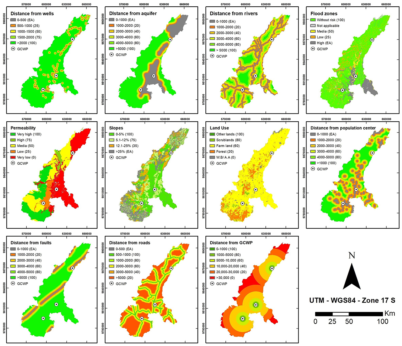 Eleven maps show various geographic features based on specific attributes corresponding to distance to wells, aquifers, rivers, flood zones, permeability, slopes, land use, population centers, faults, roads, and GCWP. The maps use color codes to represent different ranges of distances or levels of risk. A scale bar and compass provide