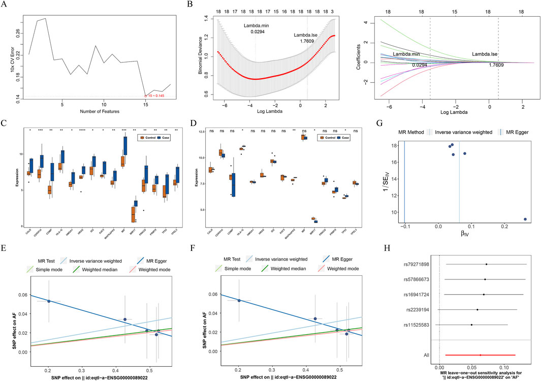 Panel A shows a line plot of 10x cross-validation error against the number of features. Panel B has plots of binomial deviance and coefficients versus log lambda with marked lambda values. Panel C displays box plots comparing control and case groups for expression levels across various categories. Panel D features box plots for deviations in control and case groups. Panel E and F are scatter plots showing SNP effects with multiple MR test lines. Panel G is a scatter plot of inverse variance weighted and MR Egger results. Panel H shows a forest plot for MR leave-one-out sensitivity analysis.