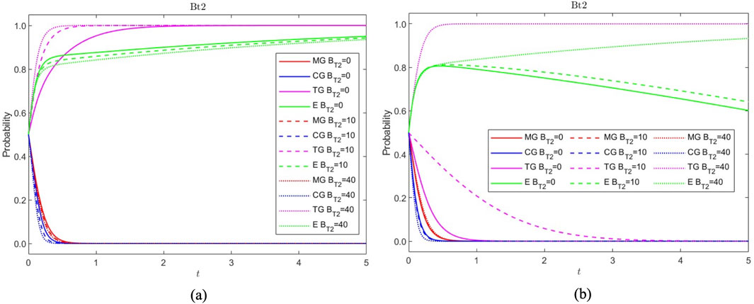 Two line graphs labeled (a) and (b) compare probability over time for different models, including MG, CG, TG, and E, with varying \( B_{T2} \) values of zero, ten, and forty. Distinct line styles distinguish each model and value, with probabilities increasing and decreasing over time. Both graphs include a legend for color and line style reference.