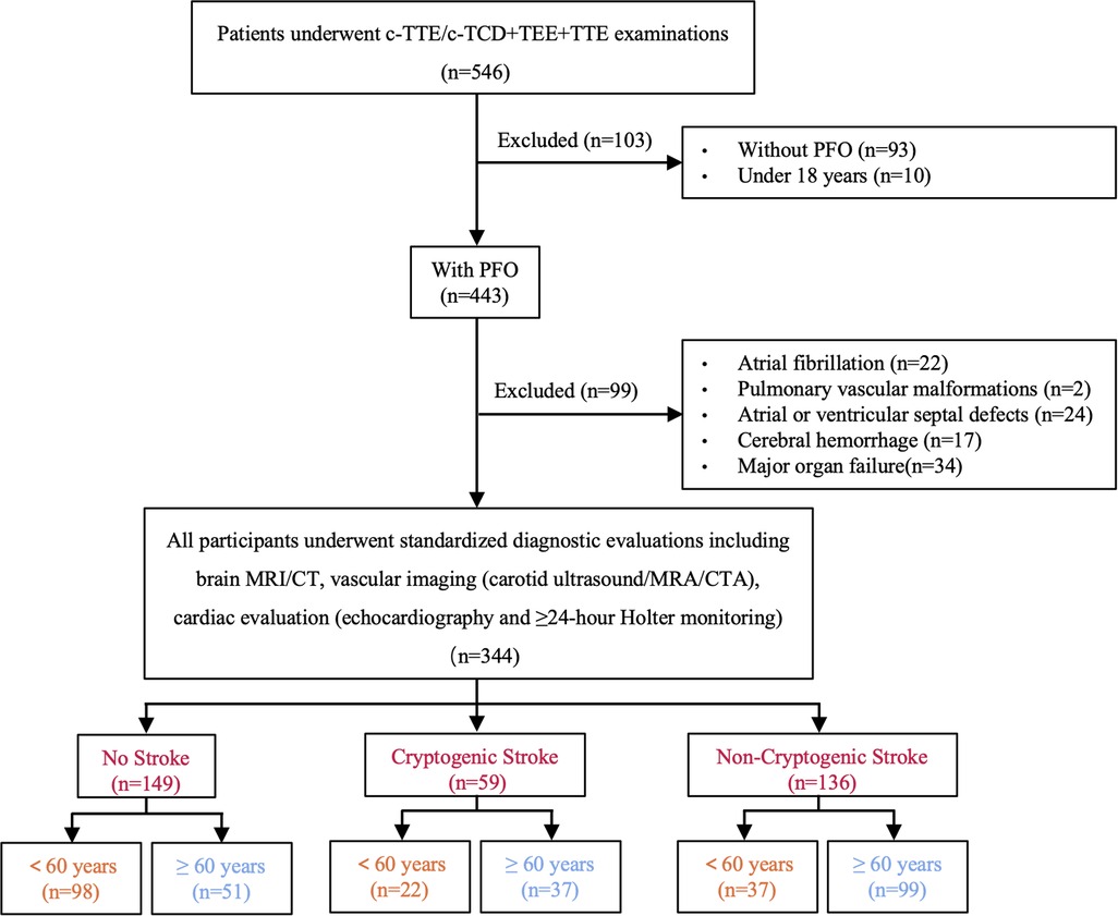 Flowchart illustrating the selection process for a study on patients undergoing c-TTE, c-TCD, TEE, and TTE examinations. Out of 546 patients, 103 were excluded due to absence of PFO or being under 18 years old. Of 443 remaining, 99 were excluded for specific conditions such as atrial fibrillation and major organ failure. The remaining 344 underwent evaluations, including brain MRI/CT, vascular imaging, and cardiac evaluations. The participants were categorized into three groups: 149 with no stroke, 59 with cryptogenic stroke, and 136 with non-cryptogenic stroke, further divided by age groups below and above 60 years.