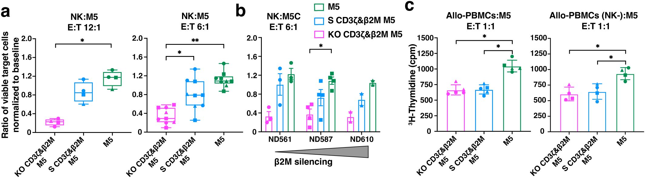 Three graphs comparing different experimental conditions: (a) shows the ratio of viable target cells normalized to baseline for NK:M5 with an effector-to-target ratio of twelve to one, highlighting KO and S CD3ζ&β2M M5 values significantly lower than M5. (b) displays NK:M5C with an effector-to-target ratio of six to one across cell lines ND561, ND587, and ND610, with M5 consistently showing higher values. (c) illustrates Allo-PBMCs (NK-):M5 with an effector-to-target ratio of one to one, measuring ³H-Thymidine incorporation, where M5 surpasses others. Asterisks indicate statistical significance.