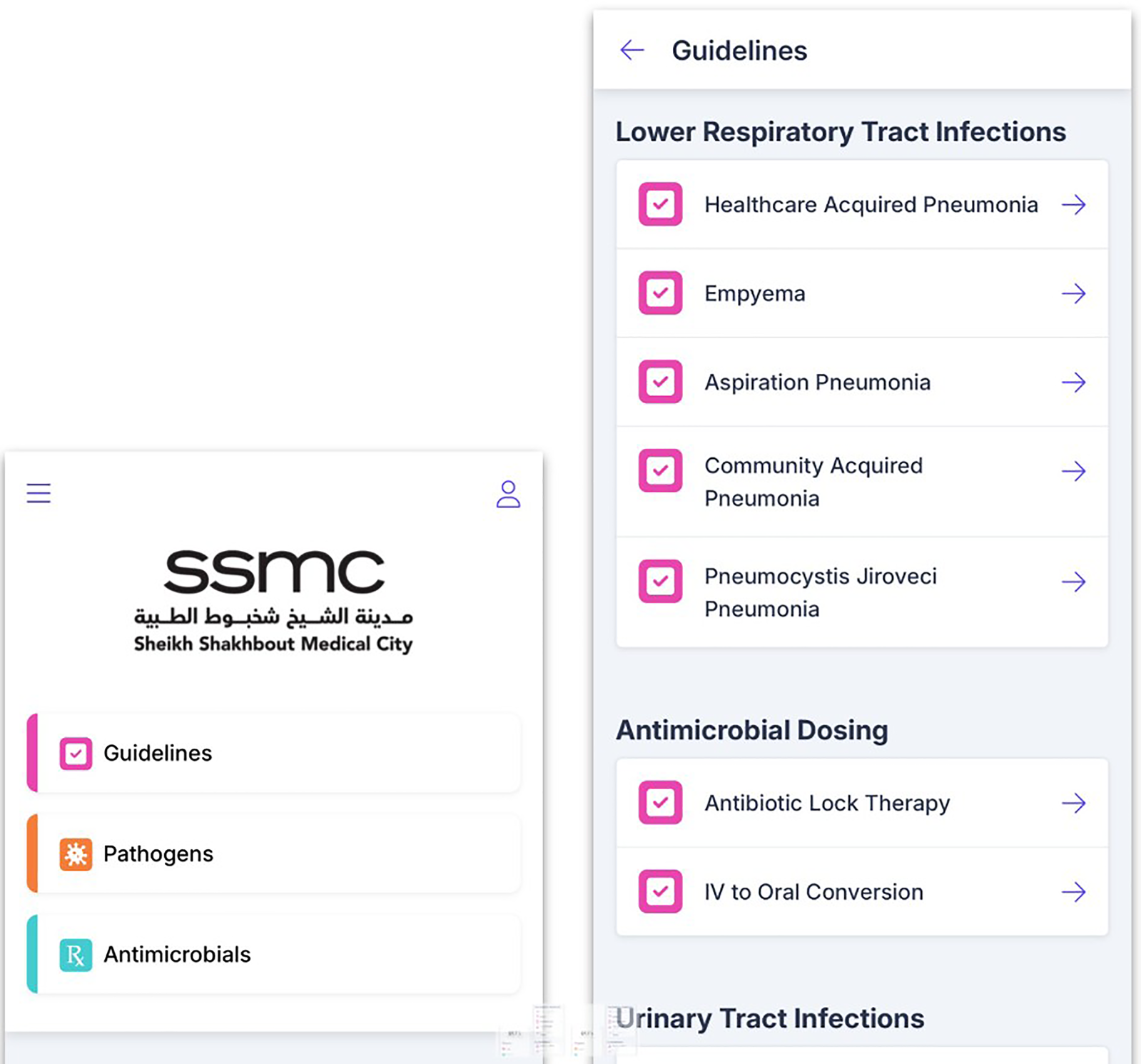 Sheikh Shakhbout Medical City logo appears at the top left. Below, a search bar labeled \"Search resources\" is present. Categories include Guidelines, Pathogens, and Antimicrobials. On the right, checklists for Lower Respiratory Tract Infections, Antimicrobial Dosing, and Urinary Tract Infections are displayed, listing conditions like pneumonia and cystitis with pink check marks.