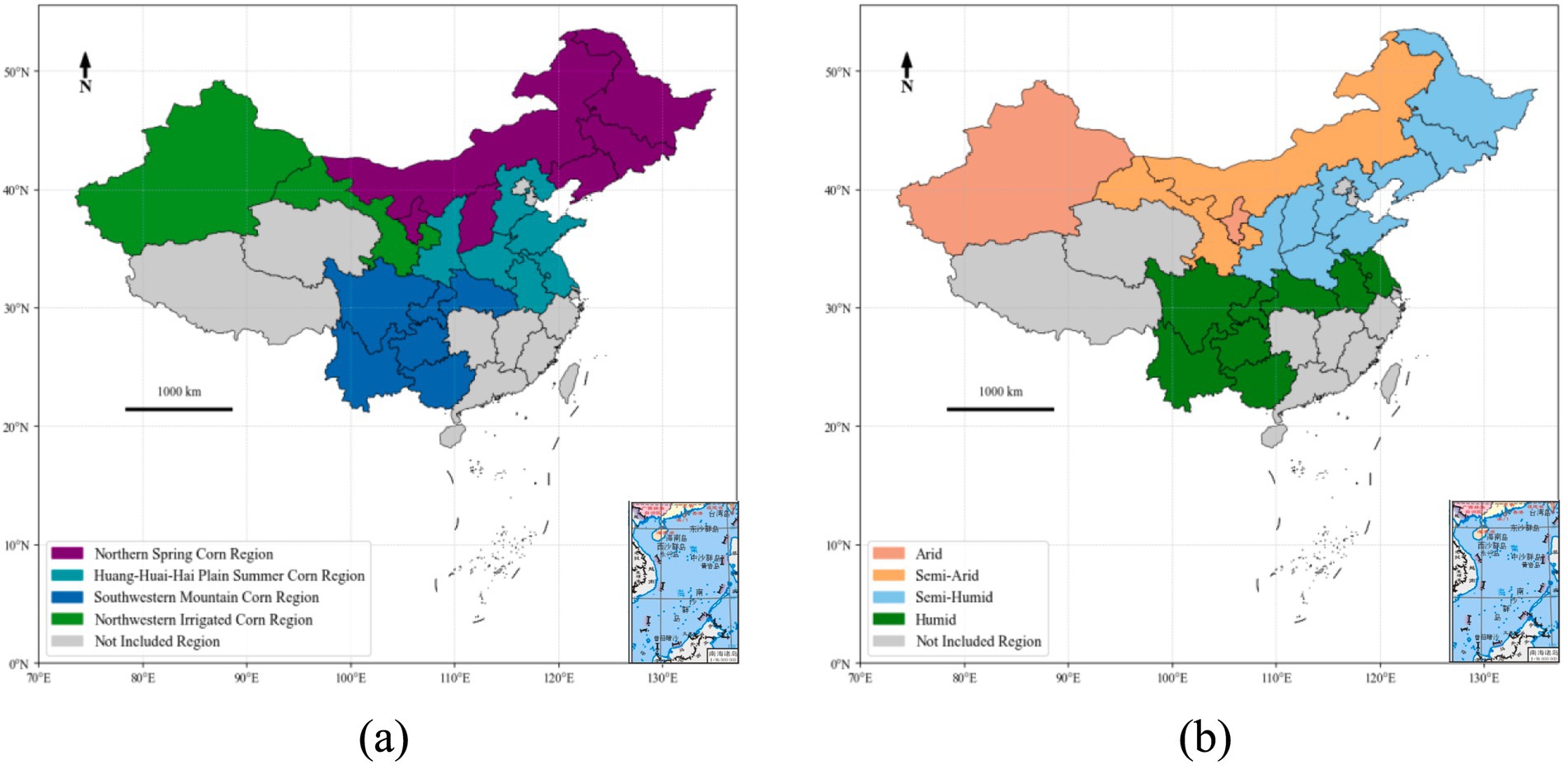 Map (a) shows regions of China categorized by corn production areas: Northern Spring, Huang-Huai-Hai Plain Summer, Southwestern Mountain, and Northwestern Irrigated Corn Regions, with areas not included in gray. Map (b) displays the climate zones of China: Arid, Semi-Arid, Semi-Humid, and Humid, with non-included areas also in gray. Both maps include a scale and compass for orientation.
