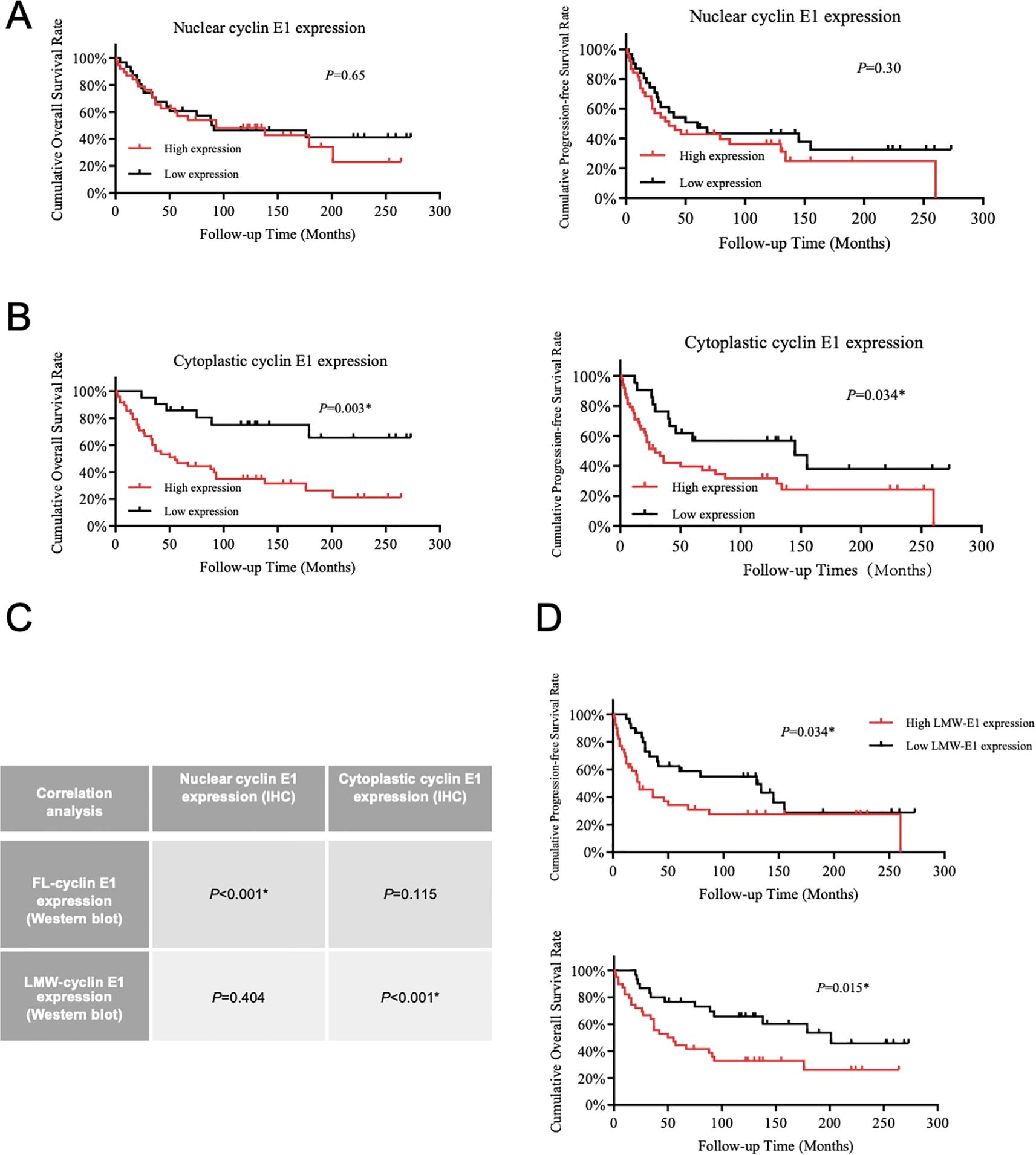 Graphs and tables analyzing cyclin E1 expression in cancer prognosis. Panel A shows no significant difference in nuclear cyclin E1 for survival rates. Panel B shows significant differences for cytoplasmic cyclin E1. Panel C presents correlation data with significant results for FL-cyclin E1. Panel D indicates significant differences in survival rates for LMW-E1 expression.