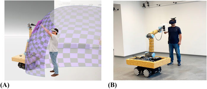 Person wearing a VR headset interacts with a mobile robotic arm. Panel (A) shows the person interacting with a virtual object displayed haptically using a prop attached to the robotic arm. Panel (B) shows another person using a VR headset interacting with a mobile encountered-type haptic device.