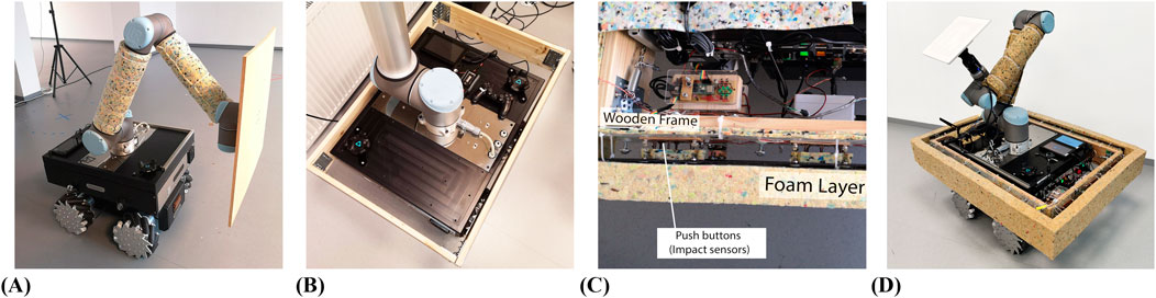A series of four images showing a mobile robotic system with an articulated arm. (A) The robot features an extendable arm wrapped in protective material, mounted on a wheeled base. (B) Top view reveals the wooden frame as a bumper around the robot. (C) Close-up of the bumper and impact sensor's interior, highlighting components such as a foam layer, wooden frame, and labeled impact sensors push buttons. (D) The robot is fully assembled with the arm extended, having its safety bumper.