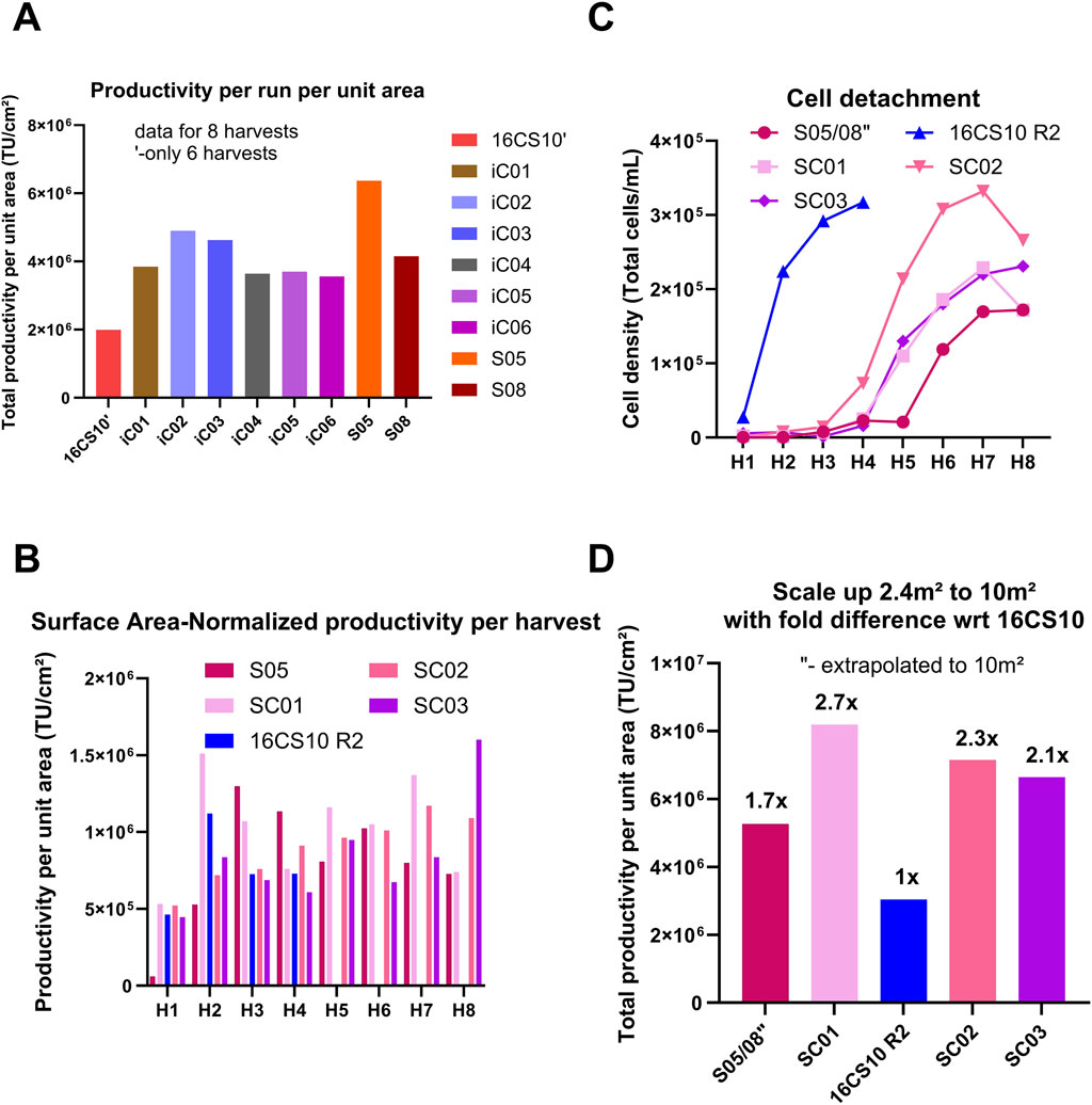 compares productivity across fixed-bed bioreactors and flatware. Panel A shows total productivity per run per unit area for all small-scale fixed-bed runs versus the 16× CS10 flatware batch. Panel B compares SC01, SC02, SC03 of Scale-X™ Carbo (10m²) with optimized flatware (16× CS10 R2) and S05 from Scale-X™ Hydro 2.4 m². Panel C presents cell detachment over time, with S05/S08 averages shown. Panel D shows Total TU yield normalized by surface area to compare extrapolated S05/08 performance with Scale-X™ Carbo 10 m² runs.