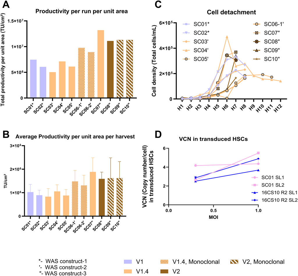 summarizes outcomes from upto 10 Scale-X™ Carbo 10m² runs using various fixed-bed consumable versions (V1, V1.4, V2) and WAS stable producer cells from different constructs (*construct 1, ’construct 2, “construct 3). Dotted and striped bars indicate monoclonal stable cell line runs. Panel A shows TU yields normalized by area per run. Panel B presents average TU/cm² per harvest. Panel C depicts cell detachment over time. Panel D shows LV transduction capacity in CD34+ HSCs at MOI of 0.3 and 1.