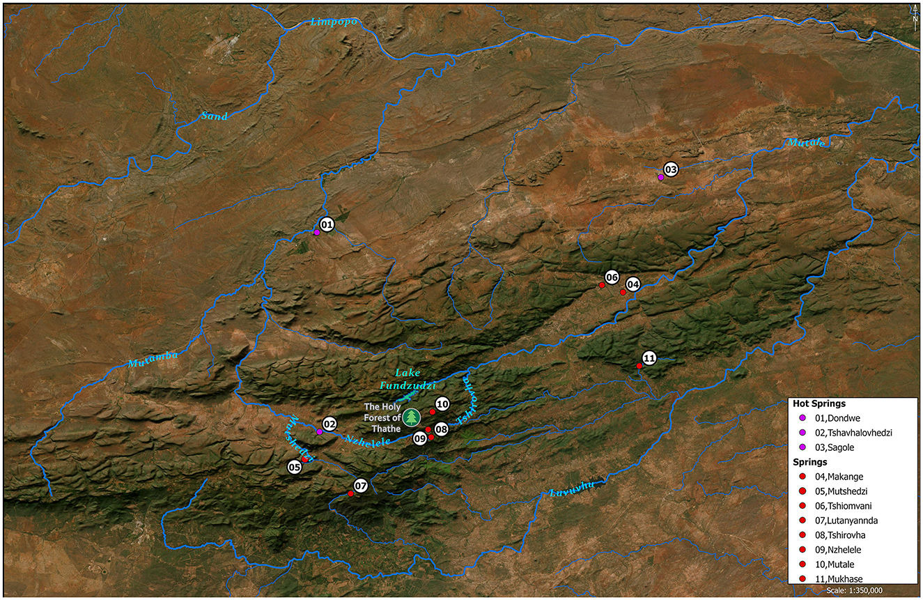 Map showing the locations of hot springs and springs in a region marked by topographical features and rivers. Key points include Lake Fundudzi and the Holy Forest of Thathe. Hot springs are marked with purple dots, numbered 01 to 03, and springs with red dots, numbered 04 to 11. Notable springs include Mutshedzi, Mphoka, and Tshionvani. The map has a scale of 1:350,000.