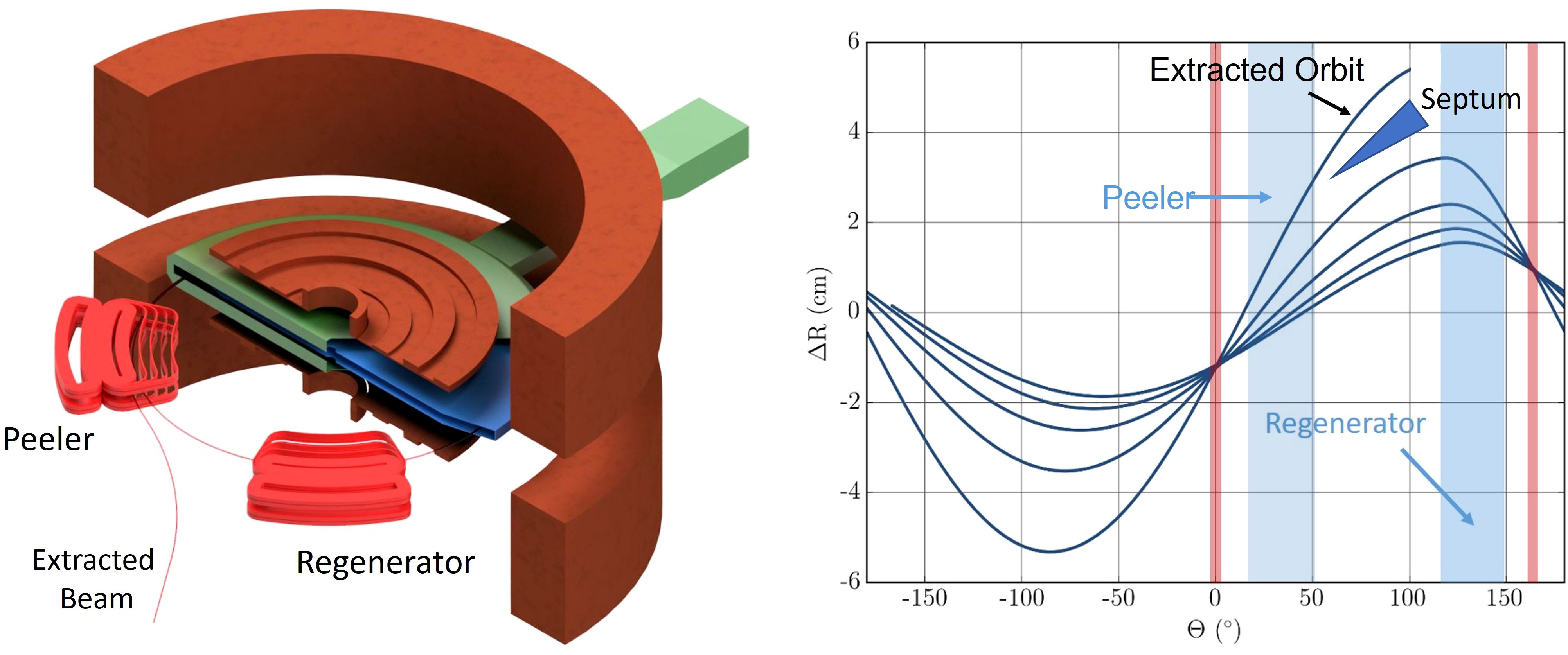 Diagram of a particle accelerator component on the left with labeled elements: Peeler, Regenerator, Extracted Beam. On the right, a graph shows curves with labeled sections: Extracted Orbit, Septum, Peeler, Regenerator. The graph has axes labeled for radial change in centimeters and angle in degrees.