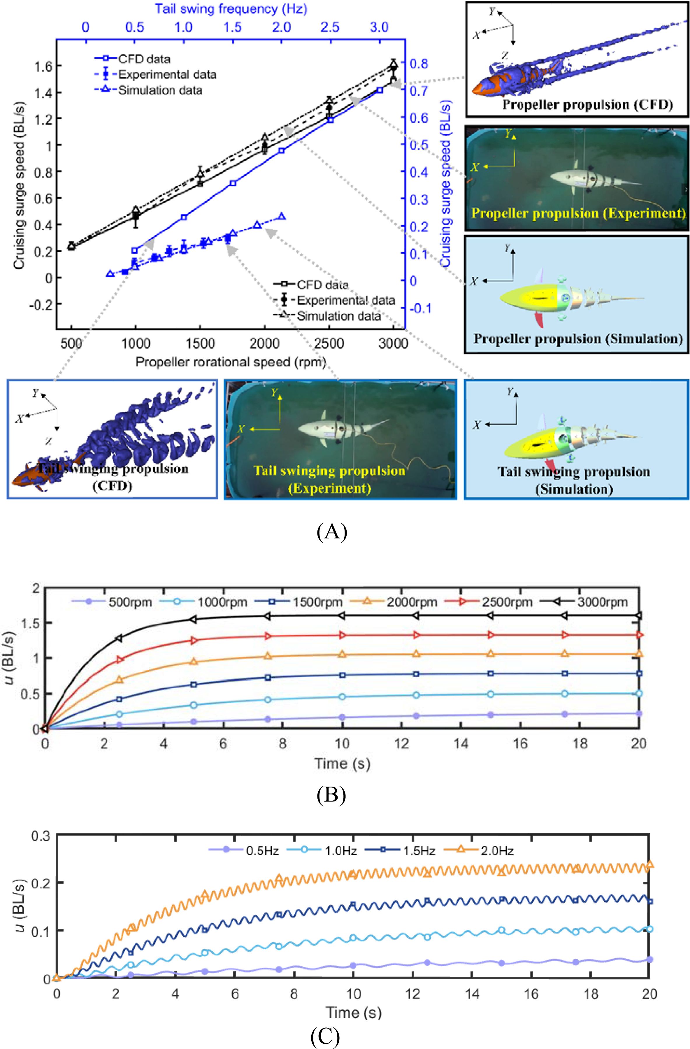 A composite image showing: (A) A graph plotting cruising surge speed versus propeller rotational speed with data from CFD, experiments, and simulations. Three images illustrate propeller propulsion through CFD, experimentation, and simulation, and two images depict tail swinging propulsion via CFD and experimentation. (B) A graph displaying speed over time for different propeller speeds ranging from 500 to 3000 revolutions per minute. (C) A graph showing speed over time for various tail swing frequencies from 0.5 to 2.0 Hertz.