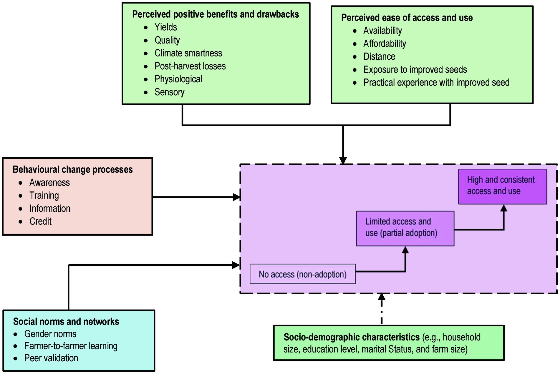 Flowchart illustrating factors influencing access and use of improved seeds. Key areas include perceived benefits (yields, quality) and access (availability, affordability). Behavioral changes, social norms, and socio-demographic characteristics impact access levels, ranging from no adoption to high and consistent use.