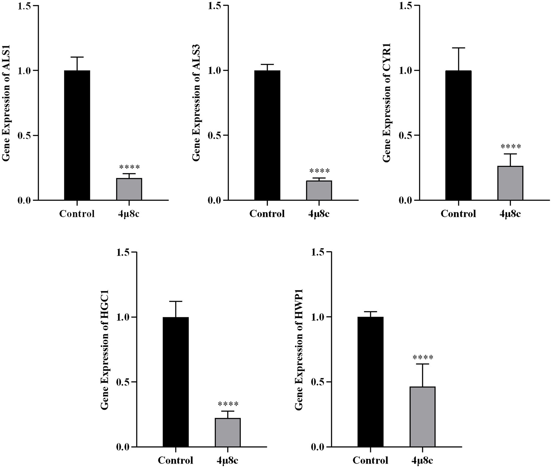 Bar graphs showing the gene expression levels of ALS1, ALS3, CYR1, HGC1, and HWP1. Each graph compares a control group with a group labeled