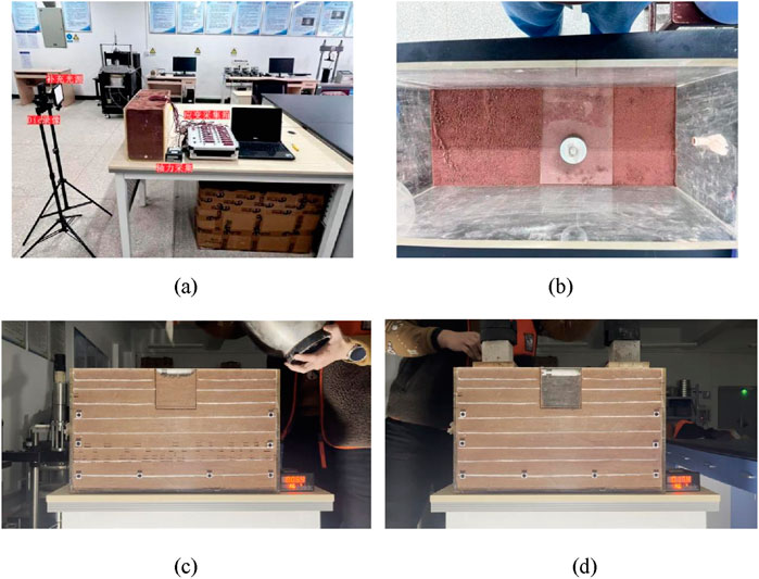 (a) Laboratory setup with a table holding a laptop, control panel, and wooden block setup, surrounded by various equipment. (b) Top view of a tank with red soil, featuring a central circular component. (c) Wooden box with horizontal lines on a table, with a person holding a metallic object above. (d) Similar wooden box with two weights on top, positioned on the same table.