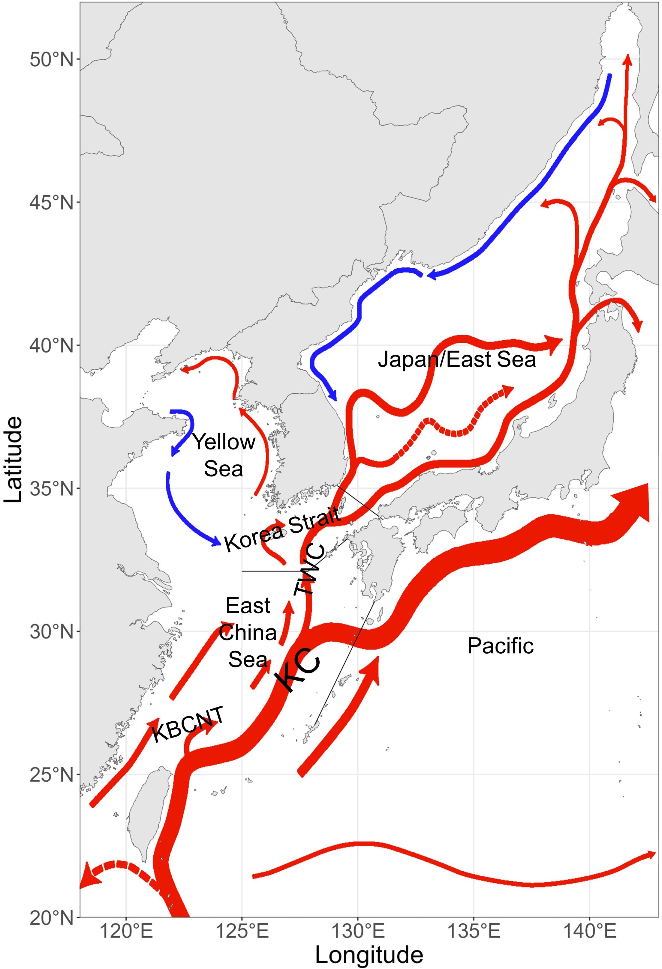 Study area of ocean currents in the western North Pacific, showing red and blue arrows indicating warm and cool current directions, respectively. Key regions include the East China Sea, Pacific, Korea Strait, Japan/East Sea, and Yellow Sea.
