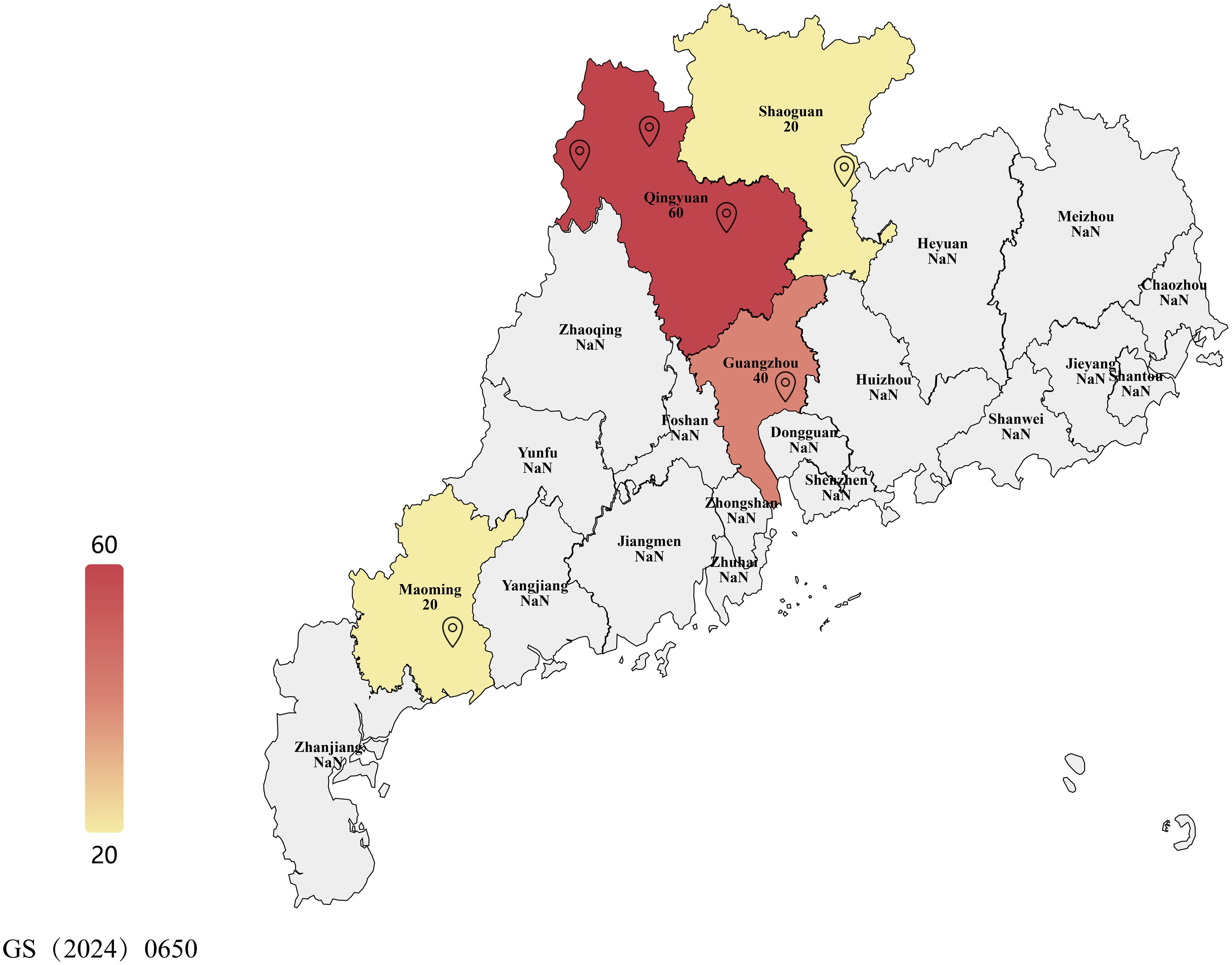 Map of regions with color gradients indicating values from twenty to sixty. Qingyuan is highlighted in dark red for sixty, Guangzhou in red for forty, and Maoming and Shaoguan in yellow for twenty. Other regions are marked as NaN.
