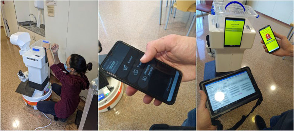A collage of three images shows a healthcare robot and technology usage. Left: a person kneels next to a robot attaching a storage compartment on the robot. Center: a hand holds a smartphone displaying a control interface. Right: a robot with a screen on top, while a person uses a tablet and smartphone showing alert notifications.