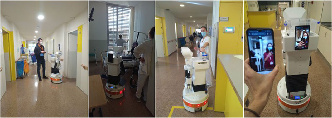 A collage of four images shows a healthcare robot in different areas of a hospital. First, the robot moves along a corridor, teleoperated by a person. Second, in a patient room, a caregiver interacts with the patient while the robot faces the patient. Third, a nurse places an item on the robot's storage compartment. Fourth, a phone capturing a video call on the robot's screen, showing a person in the call.