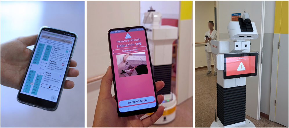 A composite image showing three panels. The first panel features a smartphone with a screen displaying a map layout and alert system for rooms. The second panel shows another smartphone screen indicating an alert in Room 109 with a person on the floor. The third panel displays a robot with a screen showing a warning about a person on the floor, with a healthcare worker standing nearby in a hallway.