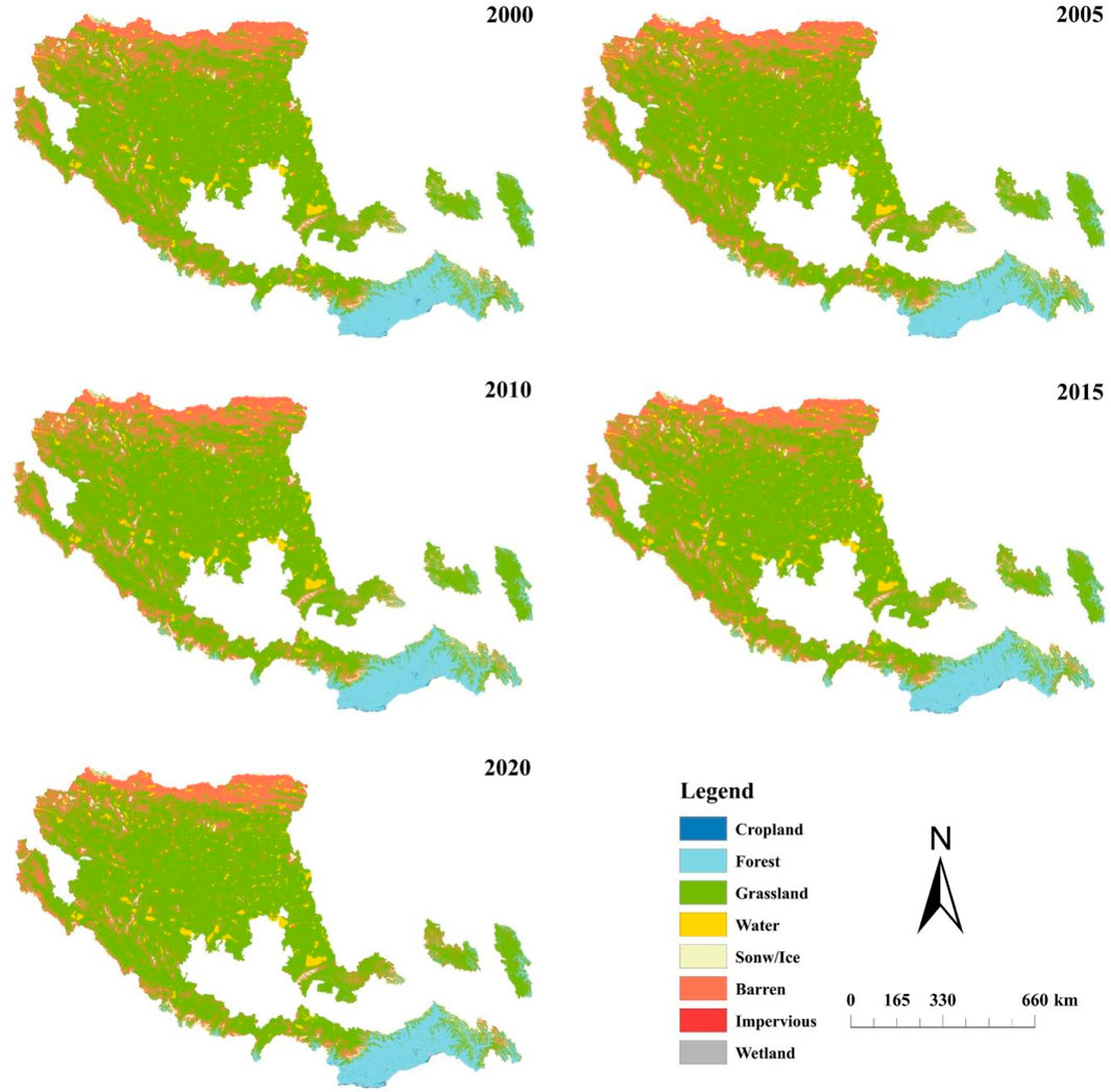 Five maps illustrating land cover changes in Mexico from 2000 to 2020, showing cropland, forest, grassland, water, snow/ice, barren, impervious surfaces, and wetlands. A legend and scale are included.