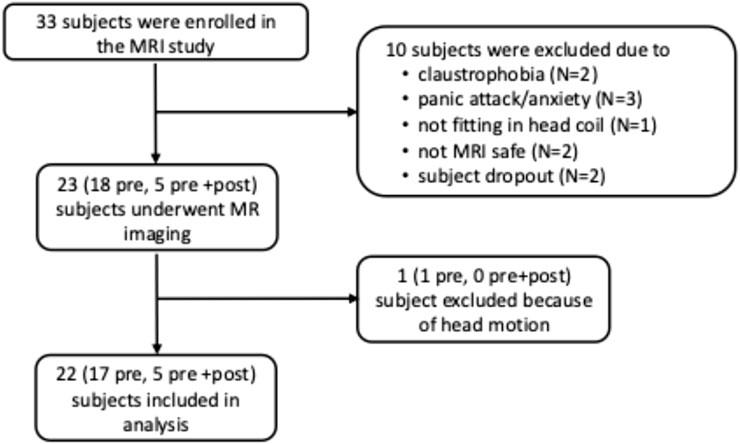 Flowchart depicting the enrollment and exclusion of subjects in an MRI study. Initially, 33 subjects were enrolled. Ten were excluded for reasons including claustrophobia, anxiety, fitting issues, MRI safety, and dropout. Twenty-three underwent MRI imaging; one was excluded for head motion. Finally, 22 subjects were analyzed.