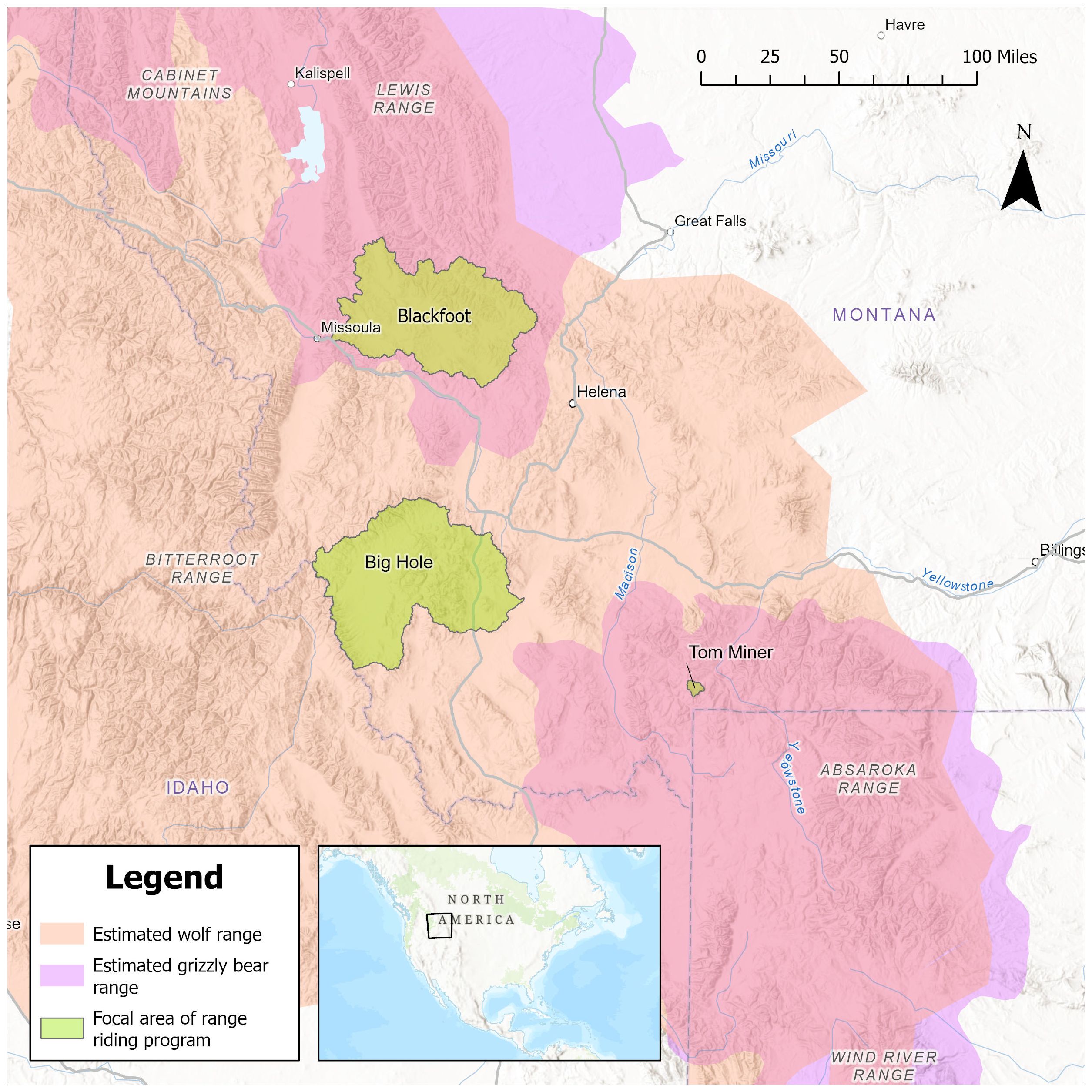 Map showing estimated ranges of wolves and grizzly bears across parts of Idaho and Montana, with focal areas for range riding programs in green. Wolf ranges are marked in pink, and grizzly bear ranges in purple. Key locations like Missoula, Helena, and Tom Miner are highlighted, along with mountain ranges such as Cabinet and Bitterroot. A scale bar and compass are included for reference.