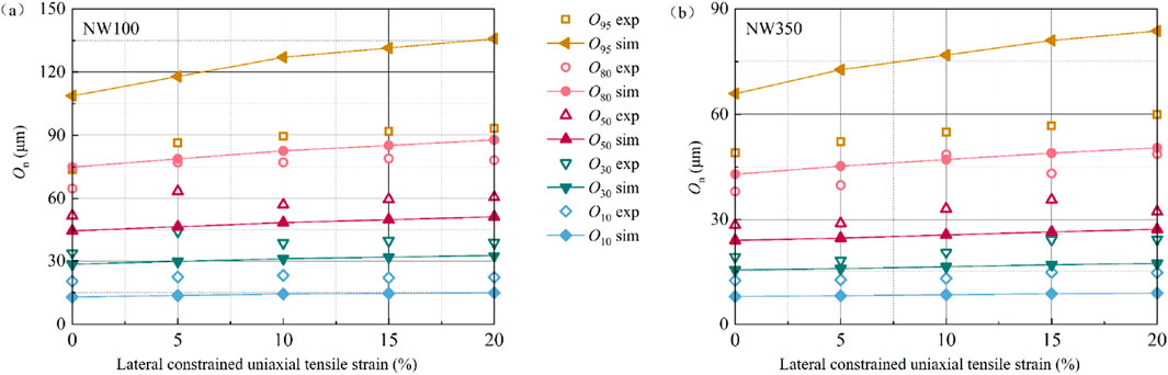 Two graphs labeled (a) and (b) show the relationship between lateral constrained uniaxial tensile strain (%) and Oₙ (μm). Graph (a), labeled NW100, and graph (b), labeled NW350, both plot experimental and simulation data for different parameters (O₉₅, O₈₀, O₅₀, O₃₀, O₁₀) with distinct markers and colors. Both graphs demonstrate an increasing trend in Oₙ with increasing tensile strain.