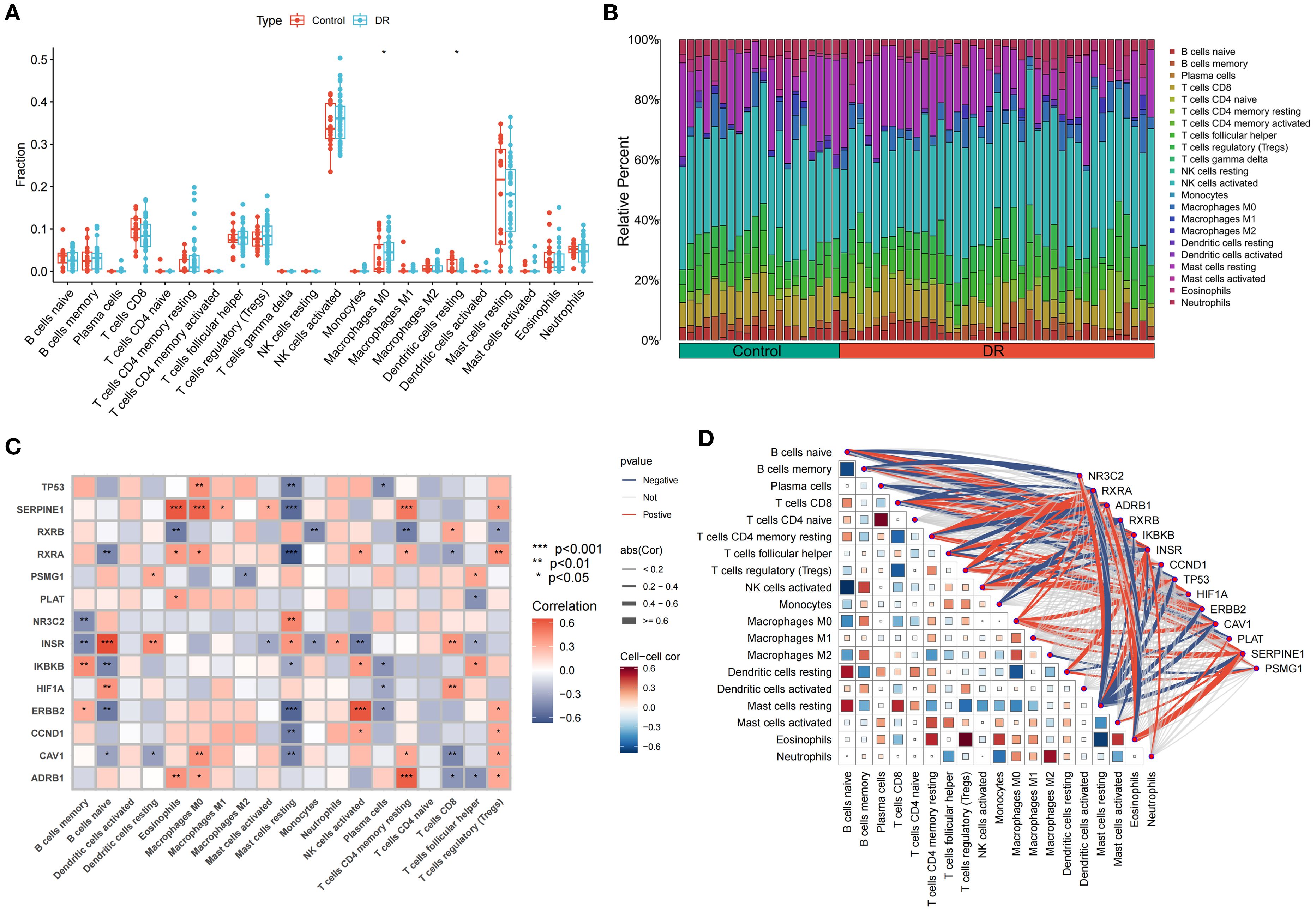 Four-panel figure displaying data on immune cell types. Panel A: Box plot comparing cell type fractions between control and DR groups. Panel B: Stacked bar chart showing the relative percentages of various immune cells. Panel C: Heatmap illustrating correlation strengths between genes and immune cells, with significance levels. Panel D: Correlation network visualization connecting immune cells and genes, highlighting significant associations.