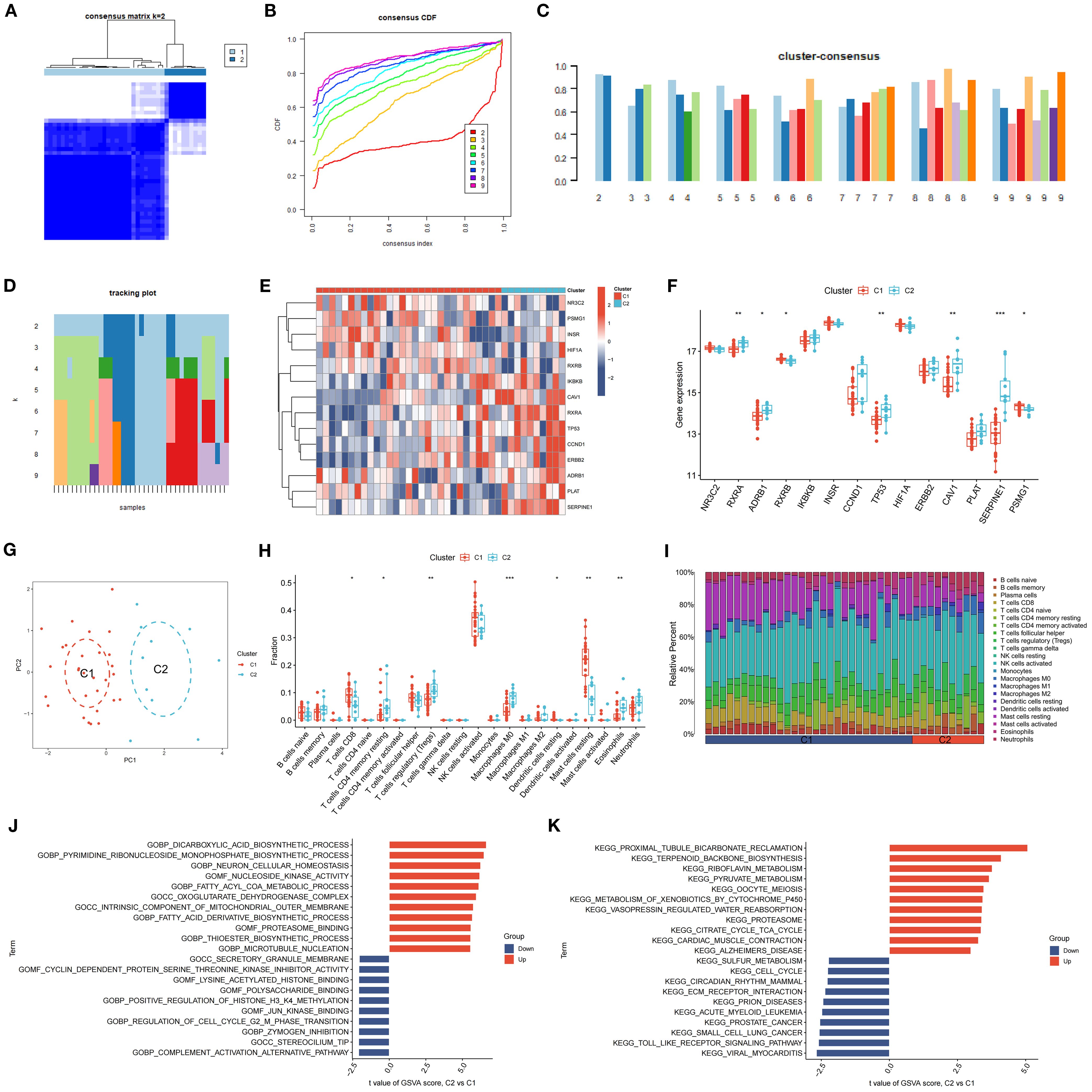 Composite image showing multiple data visualizations and charts. Panel A presents a heatmap illustrating a consensus matrix. Panel B shows line plots of cumulative distribution functions. Panel C is a bar chart labeled “cluster-consensus” showing different values across clusters two to nine. Panel D features a stacked bar plot of tracking data across samples. Panel E displays a clustered heatmap of gene expression. Panel F presents box plots comparing gene expression across clusters. Panel G is a scatter plot representing clusters C1 and C2 with PCA. Panel H includes box plots comparing cluster characteristics. Panel I is a bar chart of cell types by fraction. Panels J and K are bar plots of gene set variation analysis for two conditions, with up and down-regulated pathways highlighted.