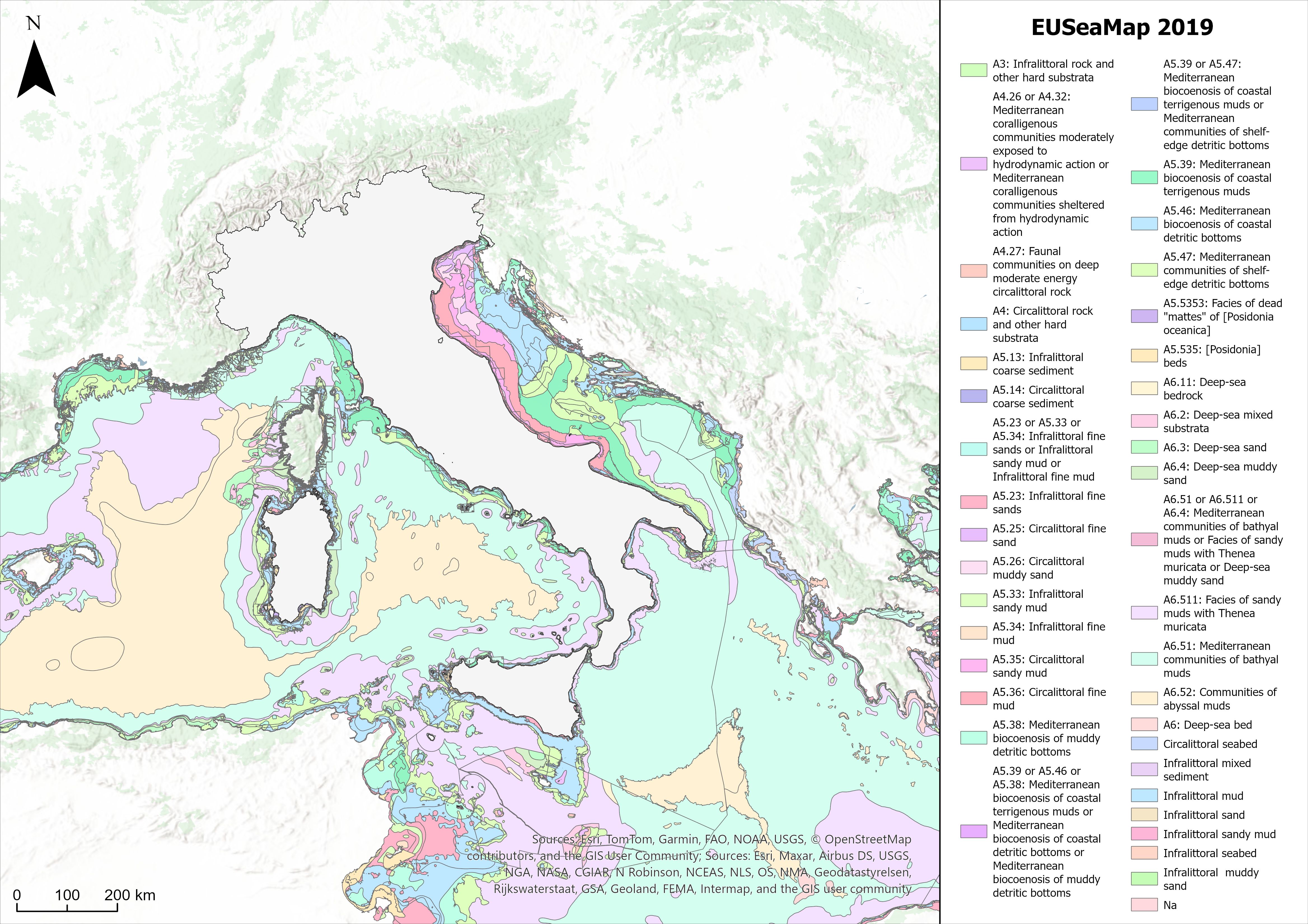 EUSeaMap 2019 showing the Mediterranean Sea with different seafloor habitats marked in various colors. The legend identifies habitats according to EUNIS classification with corresponding color codes.