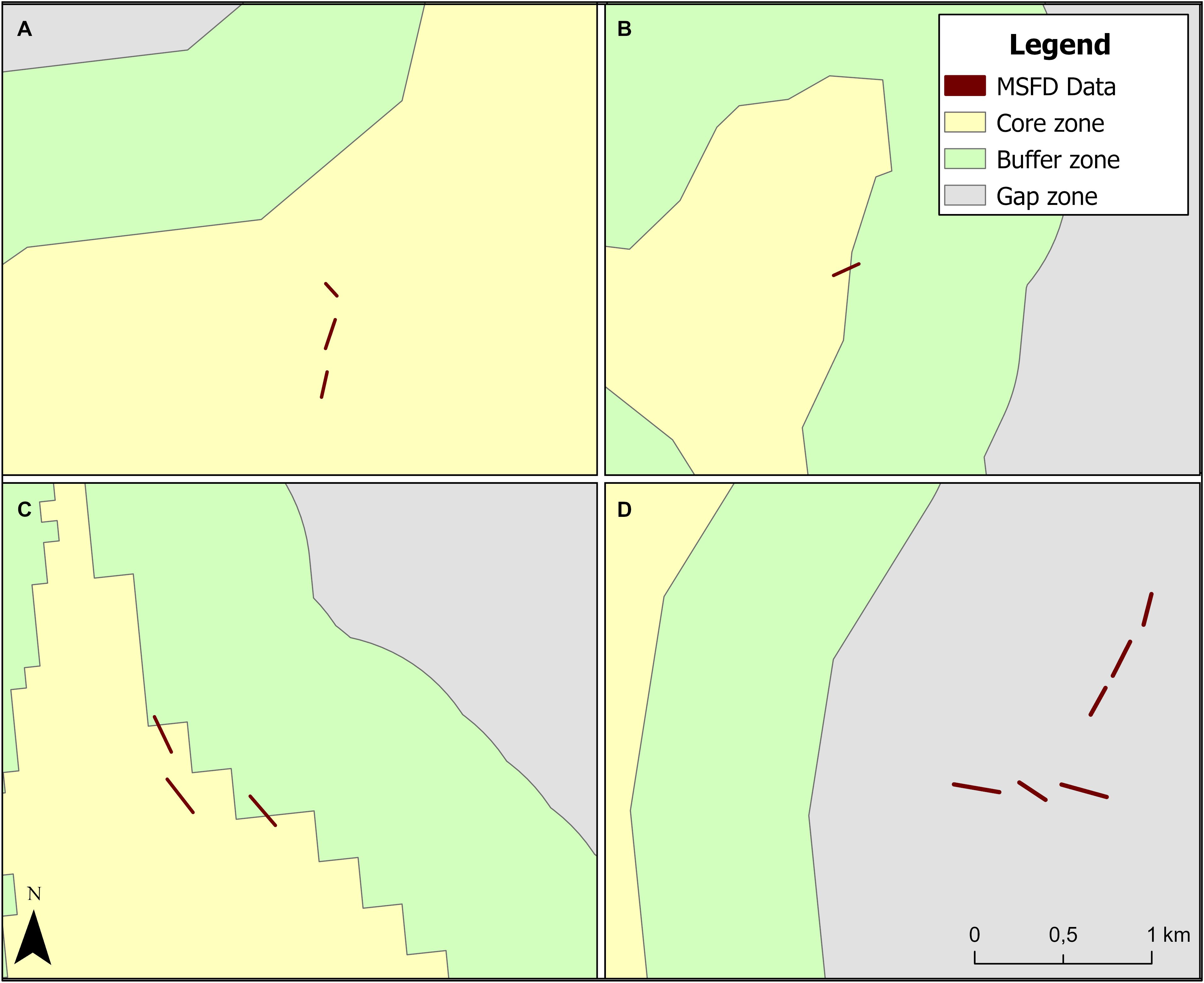 Map divided into four sections, showing MSFD data in red lines across various zones: core (yellow), buffer (green), and gap (gray). These zones vary in shape and size. Legend and scale included.
