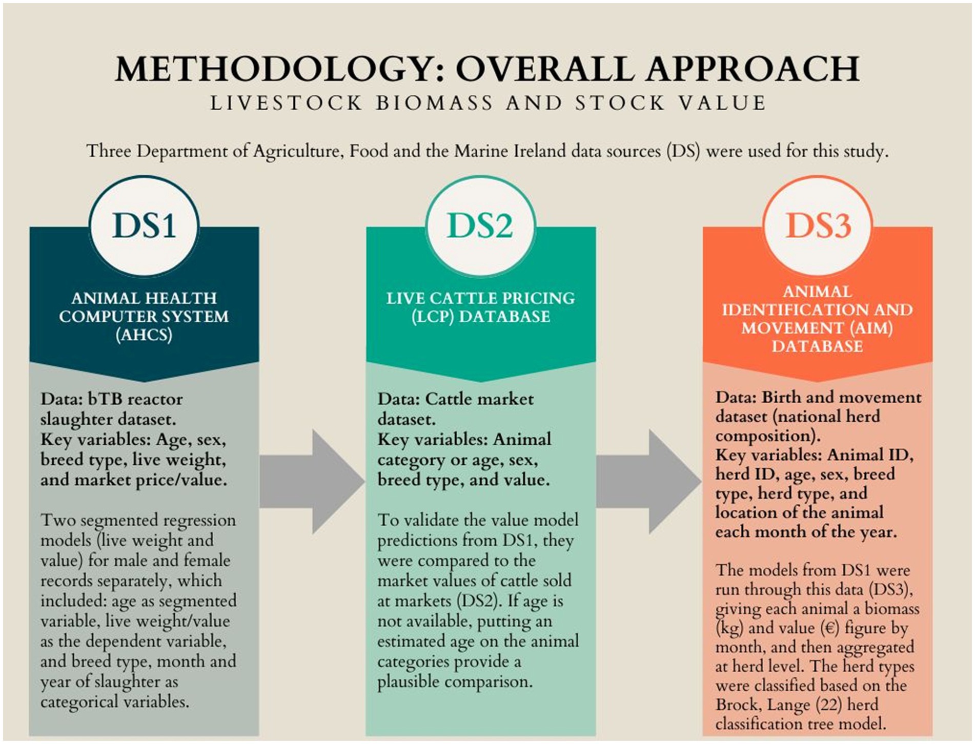 Methodology diagram for studying livestock biomass and stock value using three data sources (DS1, DS2, DS3) from Ireland's Department of Agriculture. DS1 uses the Animal Health Computer System with bTB slaughter data, focusing on variables like age and weight. DS2 uses Live Cattle Pricing data to validate DS1 predictions against market values. DS3 involves the Animal Identification and Movement database, incorporating data on animal movement and aggregation for herd level analysis. Each data source provides specific variables and methodologies to assess livestock metrics.