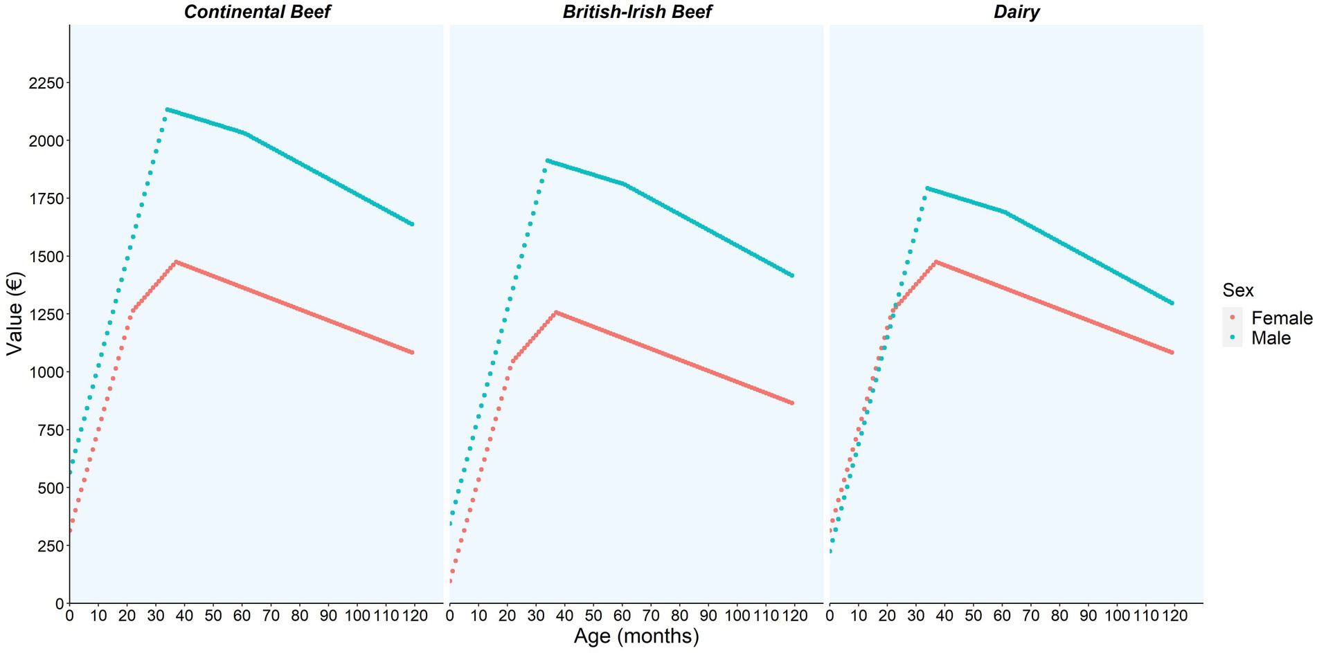 Line graphs comparing the value in euros over age in months for Continental Beef, British-Irish Beef, and Dairy cattle. Each chart shows separate lines for males and females, with males generally having higher values.