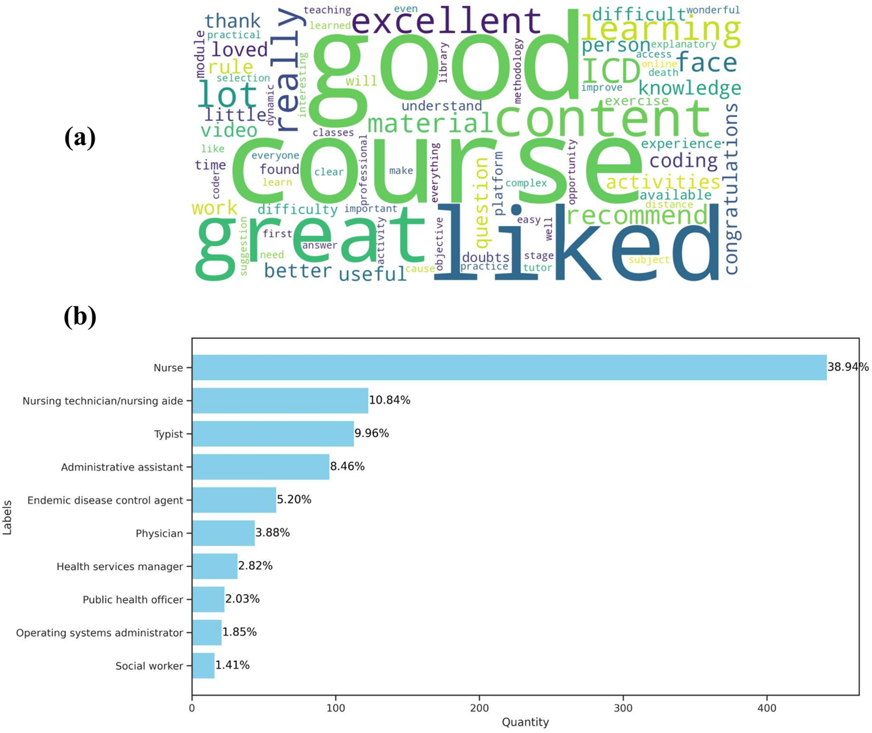 (a) A word cloud with prominent words like \"good,\" \"course,\" \"great,\" \"liked,\" and \"content.\" Smaller words include \"useful,\" \"material,\" \"question,\" and \"recommend.\"\n\n(b) A horizontal bar chart showing profession quantities. \"Nurse\" has the highest percentage at 38.94%, followed by \"Nursing technician/nursing aide\" at 10.84%, and \"Typist\" at 9.96%. Other professions include \"Administrative assistant,\" \"Endemic disease control agent,\" \"Physician,\" \"Health services manager,\" \"Public health officer,\" \"Operating systems administrator,\" and \"Social worker.\"