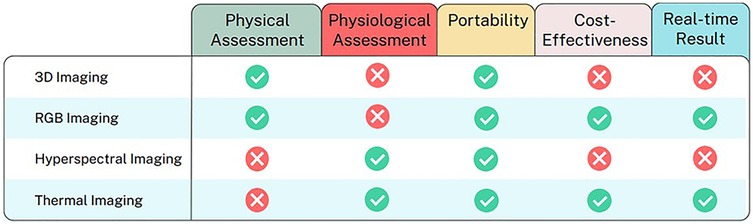 Comparison table of imaging techniques showing evaluations across five criteria: Physical Assessment, Physiological Assessment, Portability, Cost-Effectiveness, and Real-time Result. 3D Imaging excels in physical assessment and portability, but not in cost-effectiveness or real-time result. RGB Imaging is strong in portability and cost-effectiveness. Hyperspectral Imaging is effective for physiological assessment, but weak in portability and cost-effectiveness. Thermal Imaging is rated effective for physiological assessment and portability.