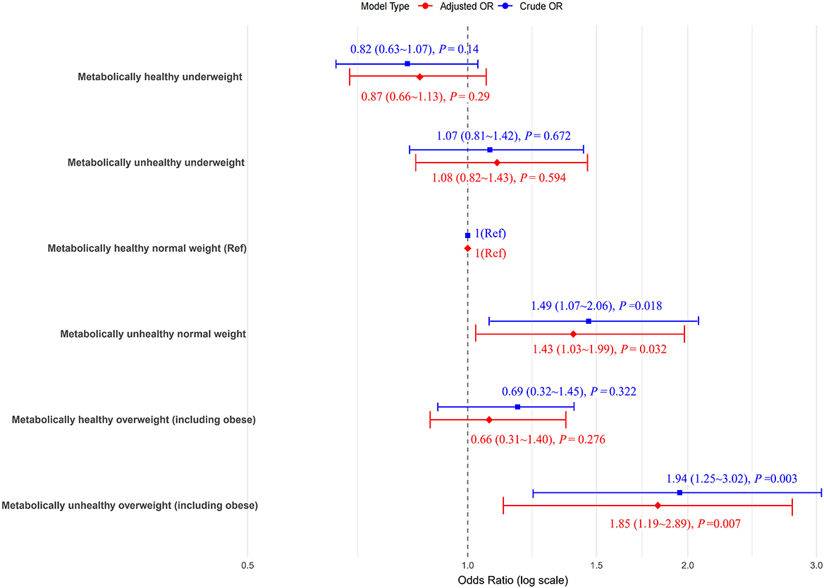 Forest plot showing odds ratios for different metabolic and weight categories, adjusted and crude. Metabolically healthy normal weight is the reference. Red dots and lines indicate adjusted odds ratios; blue represent crude. Significant associations appear for metabolically unhealthy normal weight (adjusted odds ratio 1.43, P = 0.032) and metabolically unhealthy overweight (adjusted odds ratio 1.85, P = 0.007).