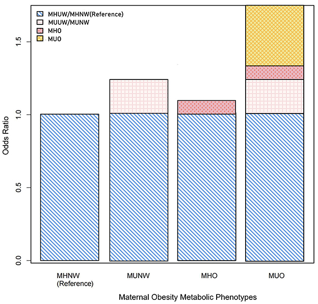 Bar chart showing the odds ratio for four categories: MHNW, MUNW, MHO, and MUO. MHNW serves as the reference. Each category's bar is divided into segments representing MHUW/MHNW, MUUW/MUNW, MHO, and MUO. The MUO category has the highest overall odds ratio, with the highest segment in yellow.