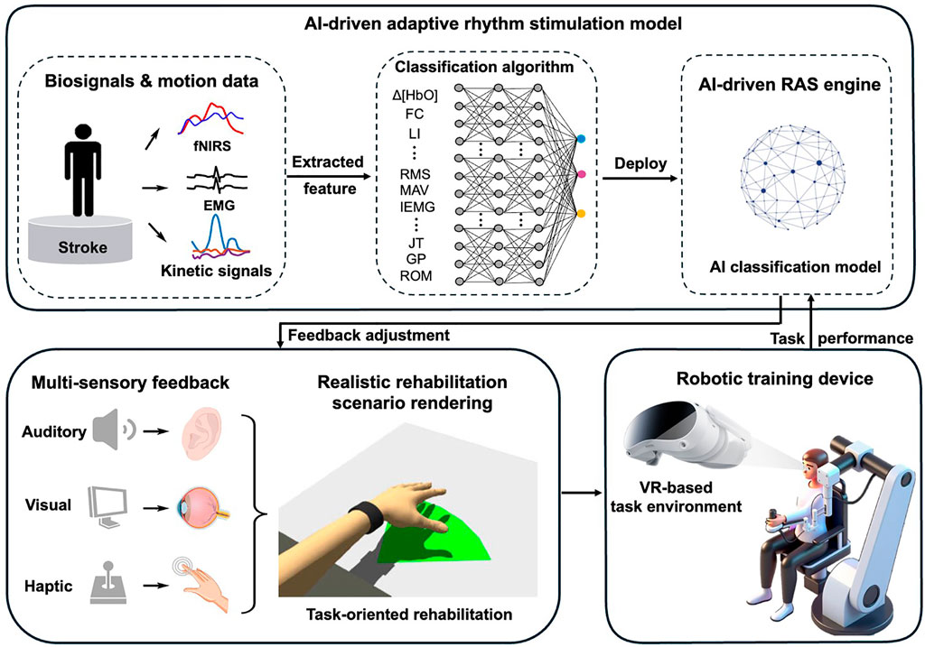 Flowchart illustrating an AI-driven rehabilitation model. At the top left, stroke patient biosignals are captured, including fNIRS, EMG, and kinetic signals. These are processed through a classification algorithm in an adaptive rhythm stimulation model. The AI-driven RAS engine then uses this data to adjust the model. At the bottom, multi-sensory feedback (auditory, visual, haptic) is integrated into a realistic rehabilitation scenario, displayed via VR to a patient using a robotic training device. Feedback adjustments optimize task performance.