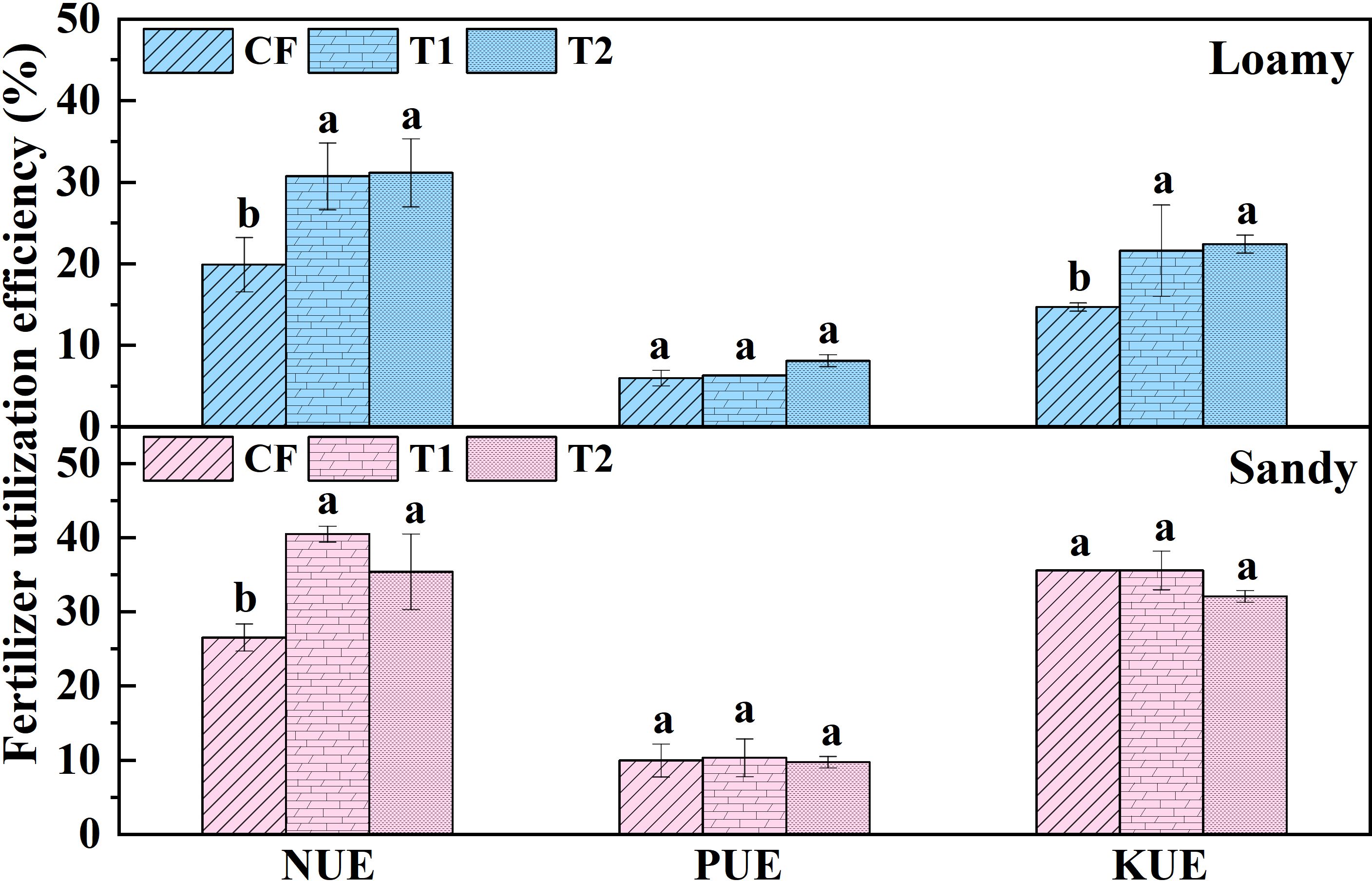 Bar chart comparing fertilizer utilization efficiency for loamy and sandy soils across three treatments: CF, T1, and T2. For loamy soil, NUE is highest for T1 and T2, while PUE and KUE show similar lower efficiencies. For sandy soil, NUE is highest for T1, with PUE and KUE efficiency remaining consistent across treatments. Error bars indicate variation, and labeled letters denote statistical significance.