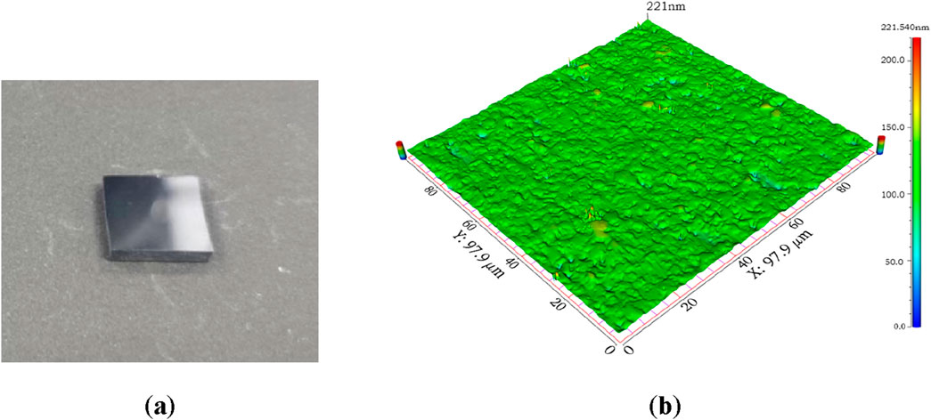(a) A photograph of a small, reflective black square object on a flat surface. (b) A 3D surface plot showing the textured topography of an area measuring 97.9 by 97.9 micrometers, with height variations indicated by a color scale.
