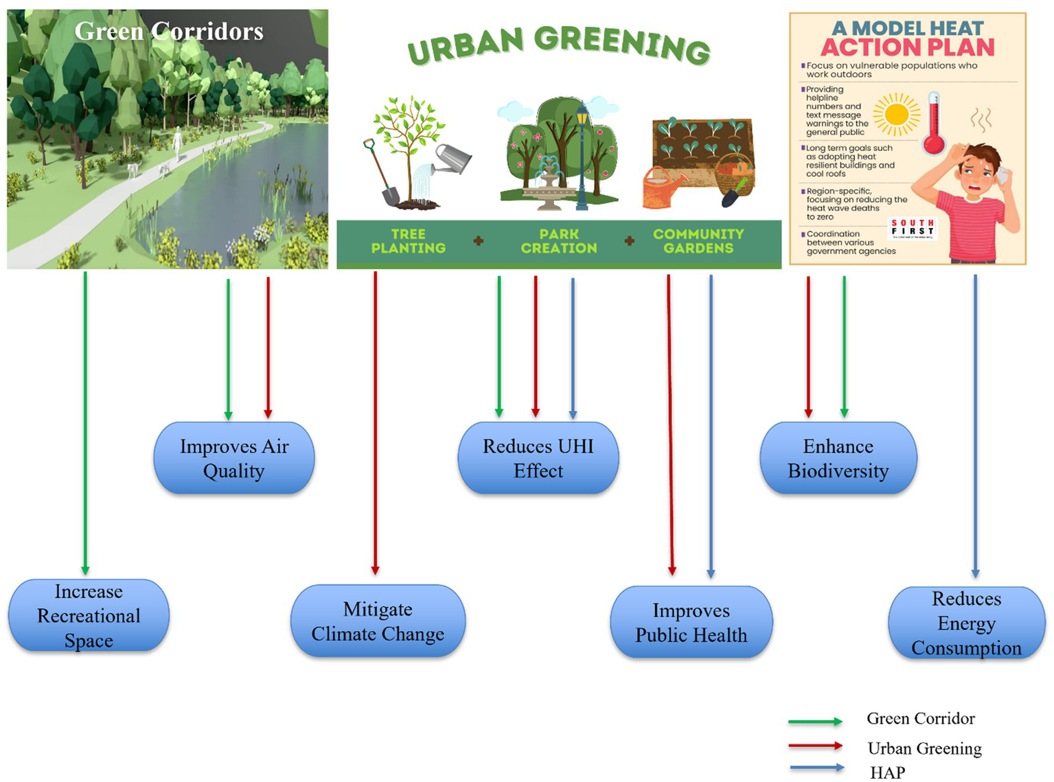 A diagram connects "Green Corridors," "Urban Greening," and "A Model Heat Action Plan" to various benefits. "Green Corridors" and "Urban Greening" both improve air quality and reduce the urban heat island effect. "Urban Greening" also mitigates climate change and enhances biodiversity. "A Model Heat Action Plan" improves public health and reduces energy consumption. Paths are marked with green for Green Corridors, red for Urban Greening, and blue for Heat Action Plan.
