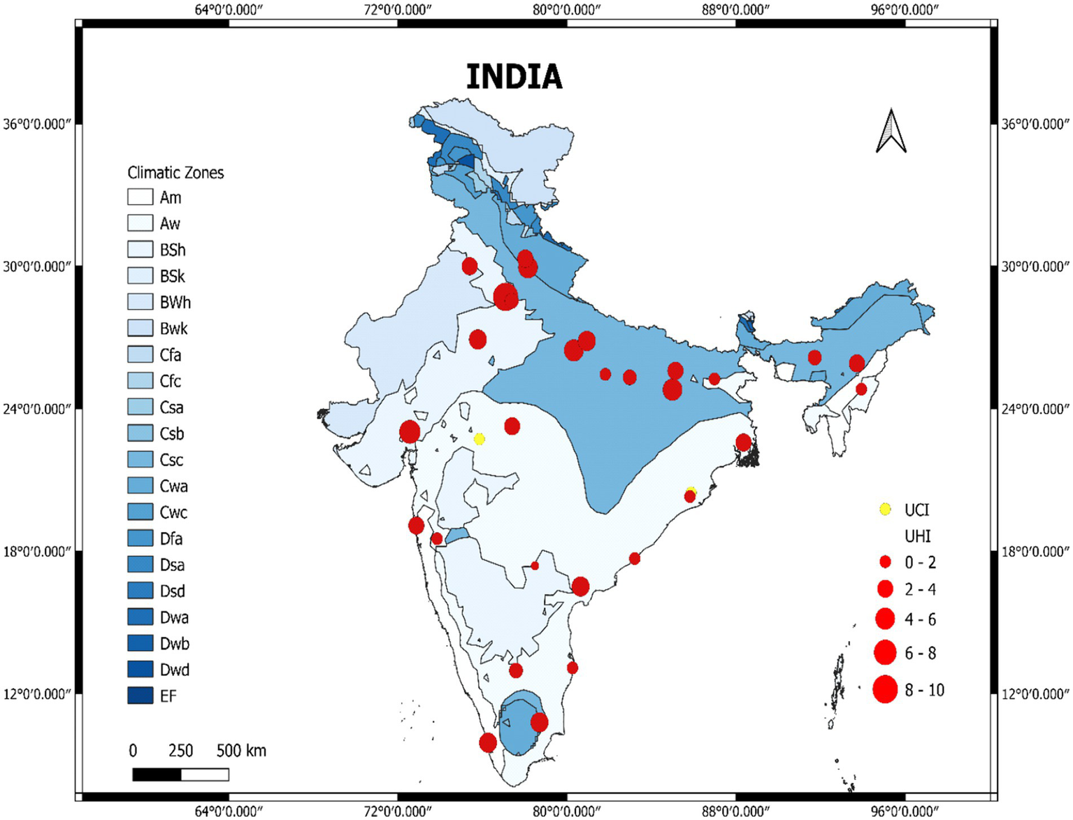 Map of India showing different climatic zones in various shades of blue and gray, labeled with codes like Am, Aw, BSh, etc. Red circles indicate Urban Heat Islands (UHIs) with sizes representing intensity ranges from zero to ten. Yellow circles show Urban Cooling Islands (UCIs).