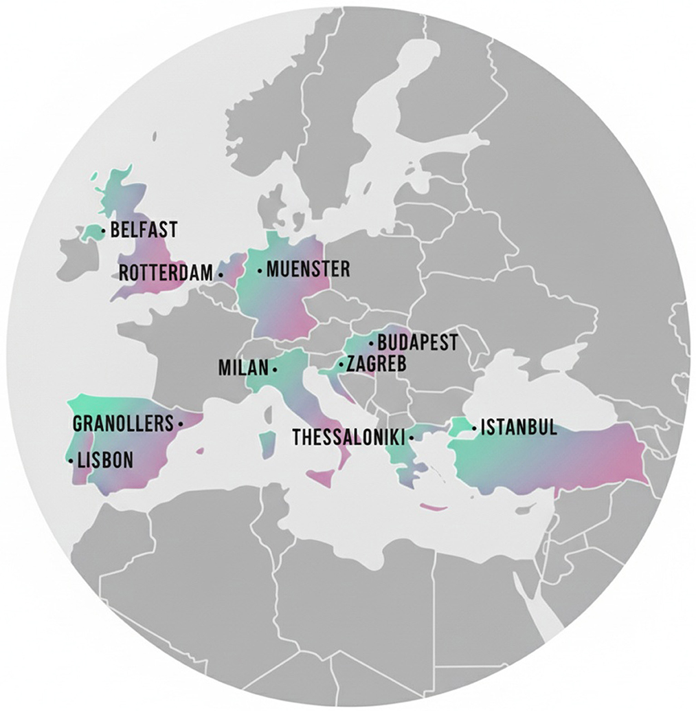 Map of Europe highlighting cities: Belfast, Rotterdam, Muenster, Milan, Budapest, Zagreb, Granollers, Lisbon, Thessaloniki, and Istanbul. These locations are marked with colorful gradients on a gray map.