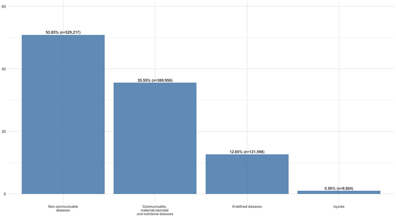 Bar chart showing health data percentages: non-communicable diseases at fifty point eighty-five percent, communicable and maternal diseases at thirty-five point fifty-five percent, ill-defined diseases at twelve point sixty-five percent, and injuries at zero point ninety-five percent.
